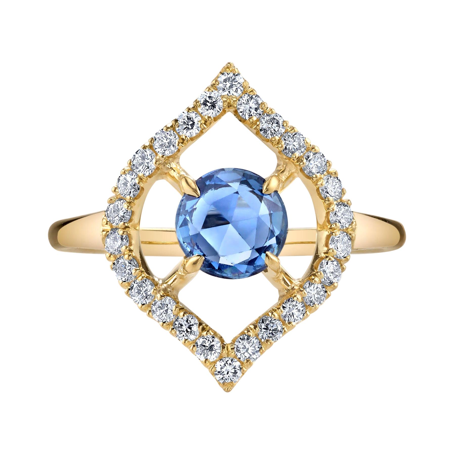 Rose-Cut Blue Sapphire with Diamonds Gold Ring For Sale