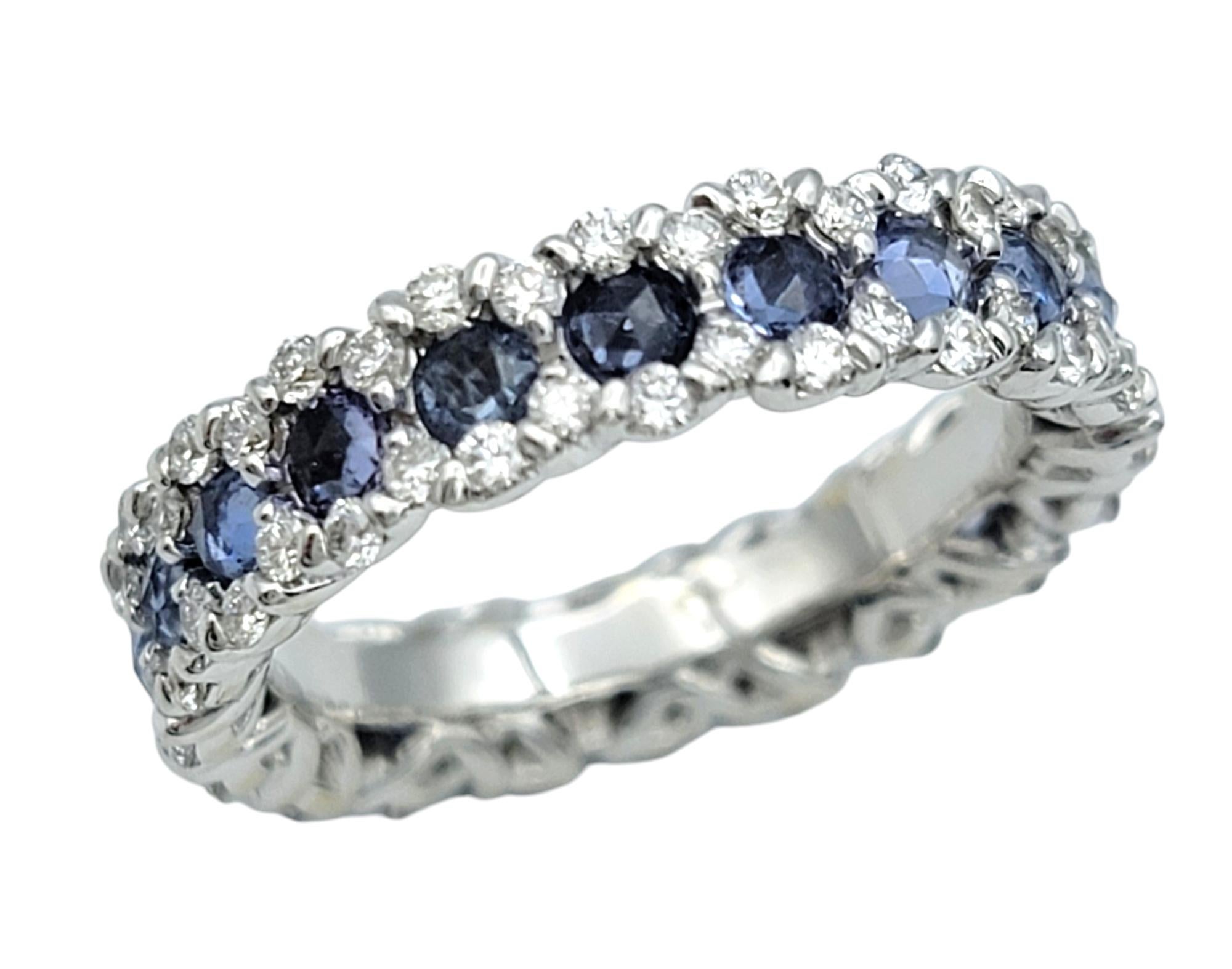 Contemporary Rose Cut Blue Spinel and Diamond Edged Eternity Band Ring in 18 Karat White Gold For Sale
