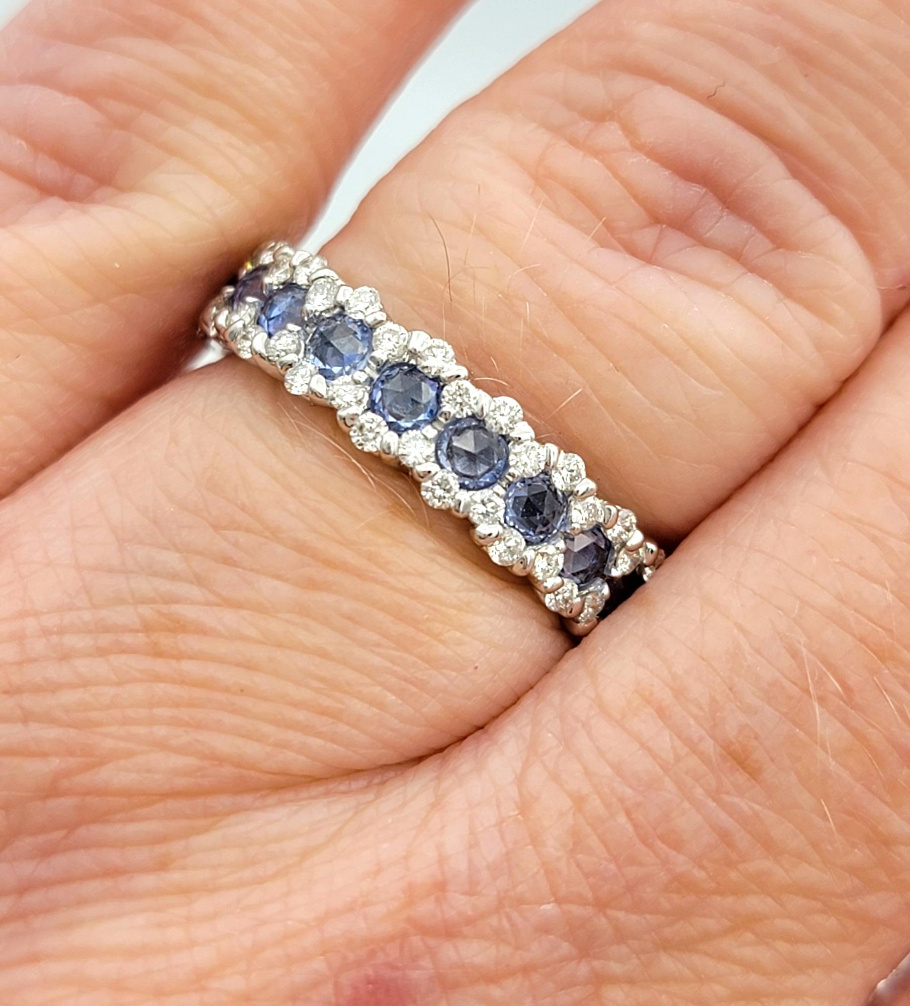 Rose Cut Blue Spinel and Diamond Edged Eternity Band Ring in 18 Karat White Gold For Sale 3
