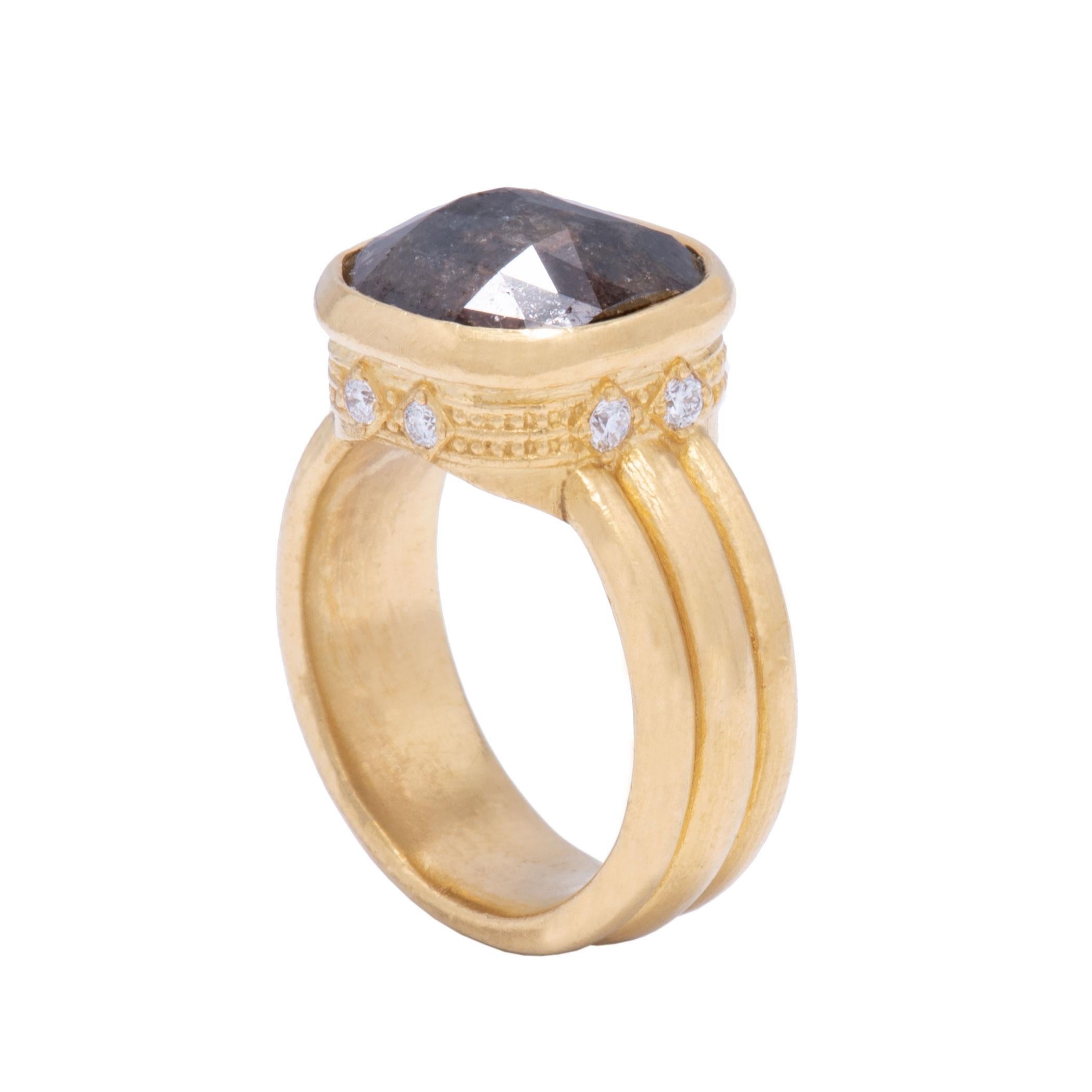 A luxurious, deep chocolate, rose cut brown diamond is set in 22k gold for rich, classic look. A 5.32ct rose cut brown diamond rises .45
