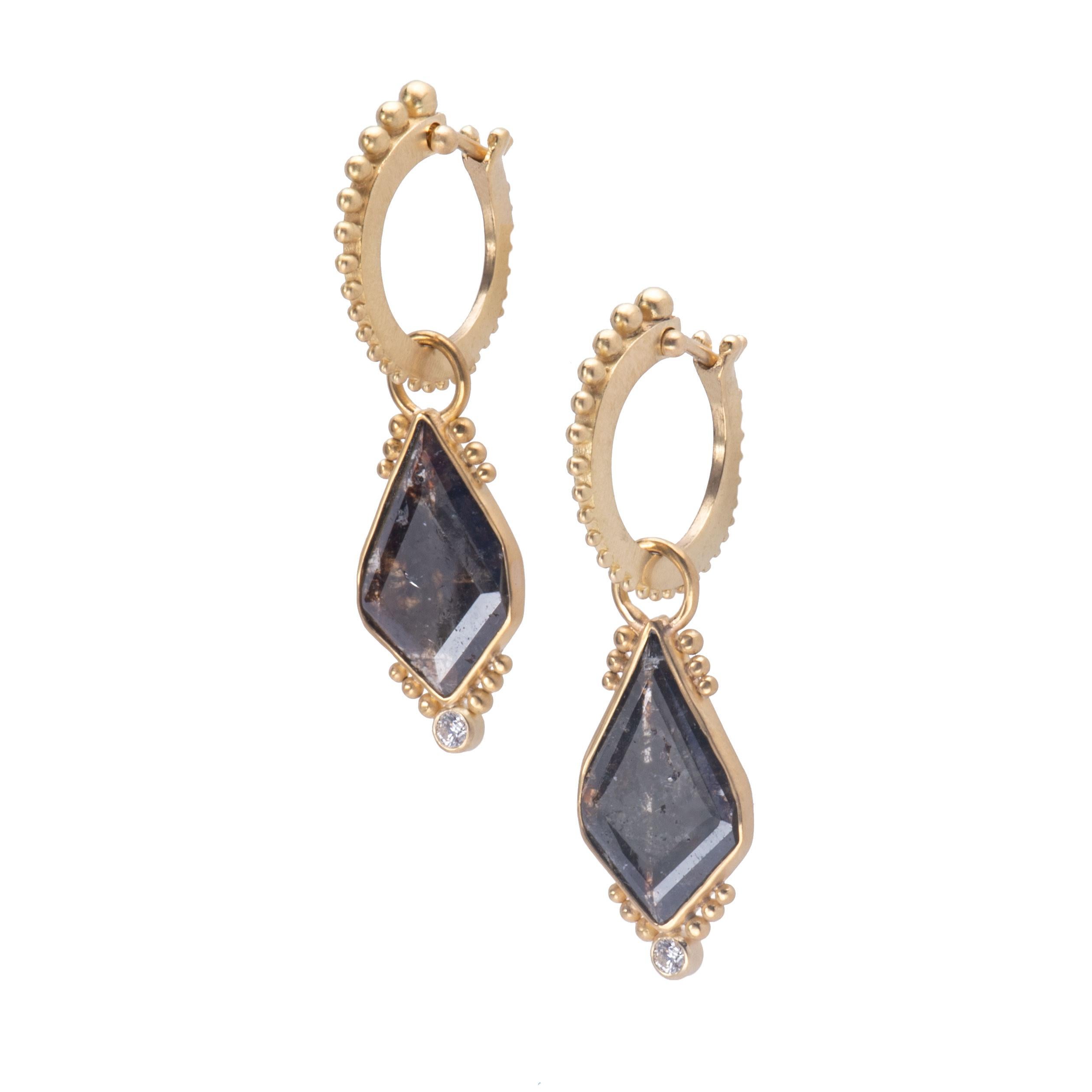 Deep Brown 5.54tcw rose cut diamonds in irregular diamond shapes are bezel set and framed with beading and white diamond points. Handcrafted in 22k gold, the Titania Drops are suspended from our large narrow beaded hoops in 18k gold and are 1.63 in
