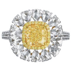 Rose cut Classic Cushion Yellow Diamond Ring, 3.90 Carat