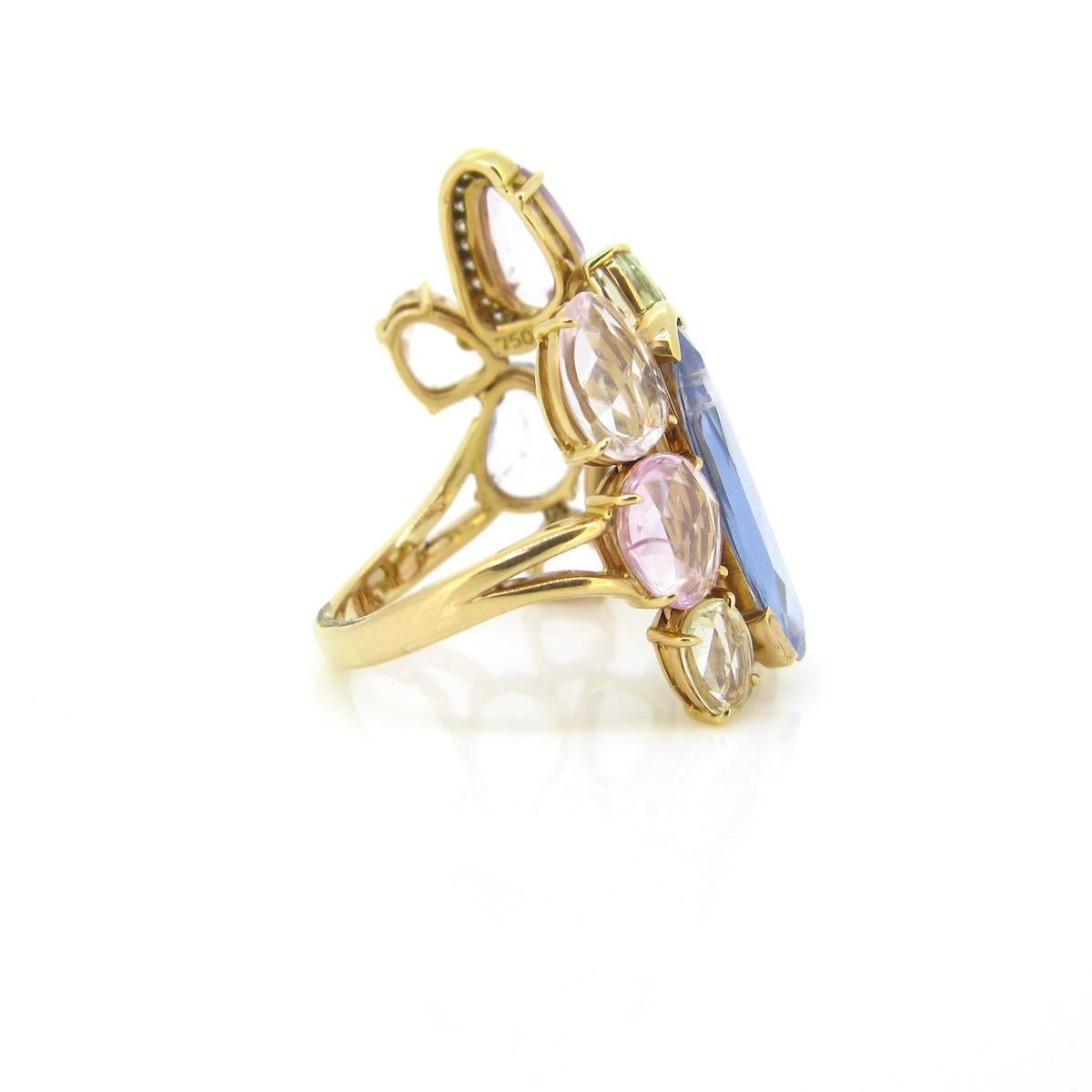 Women's or Men's Rose Cut Colored Sapphires and Diamonds Cocktail Ring, 18kt Gold For Sale