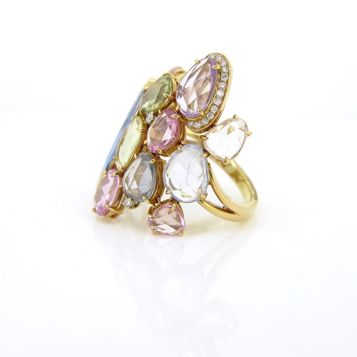 Rose Cut Colored Sapphires and Diamonds Cocktail Ring, 18kt Gold For Sale 2