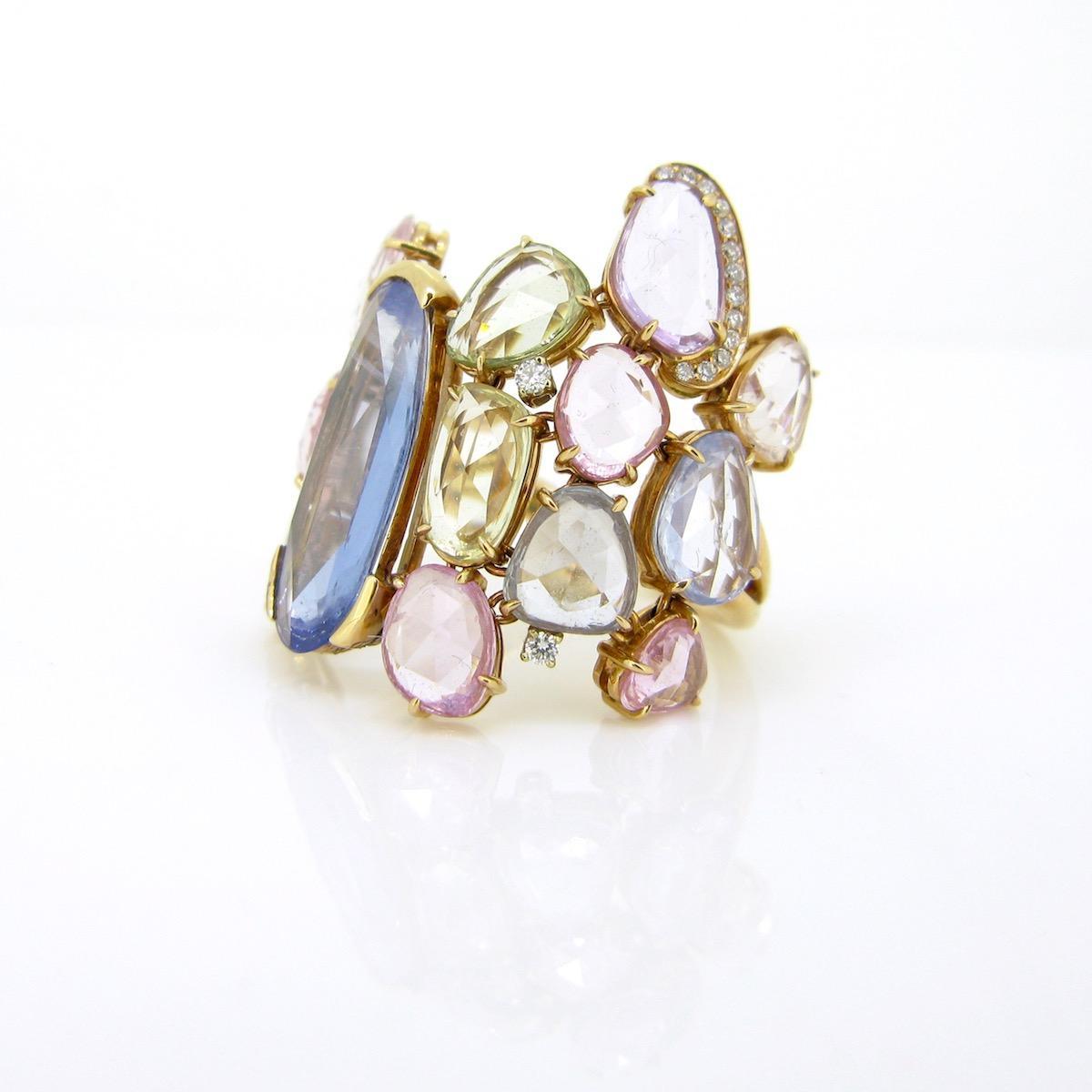 Rose Cut Colored Sapphires and Diamonds Cocktail Ring, 18kt Gold For Sale 3
