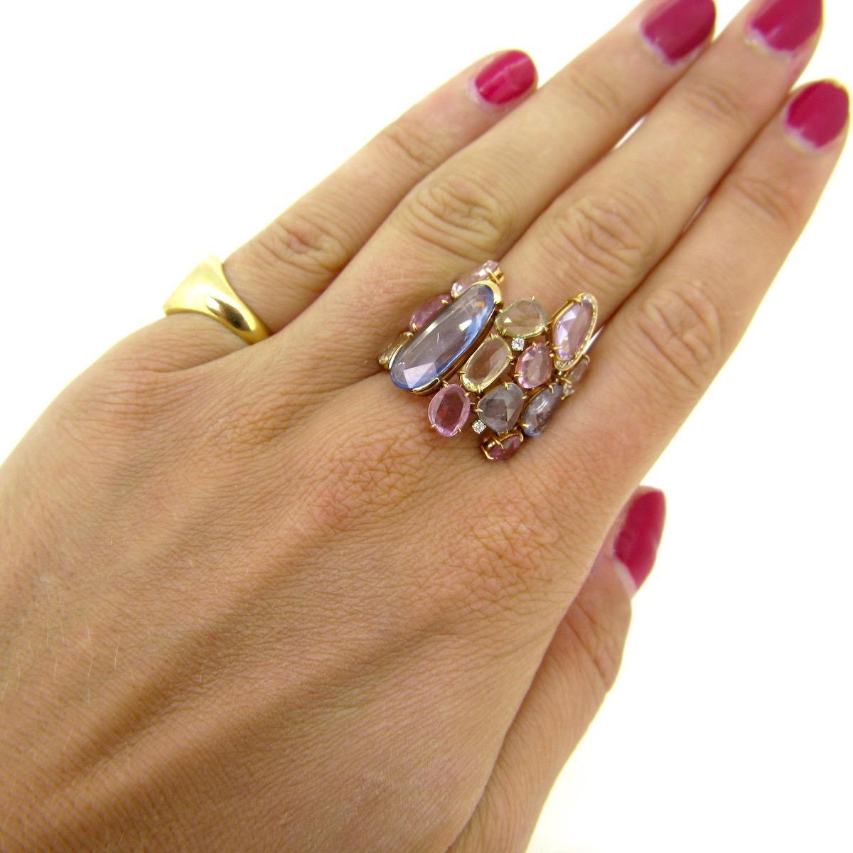 Rose Cut Colored Sapphires and Diamonds Cocktail Ring, 18kt Gold For Sale 4