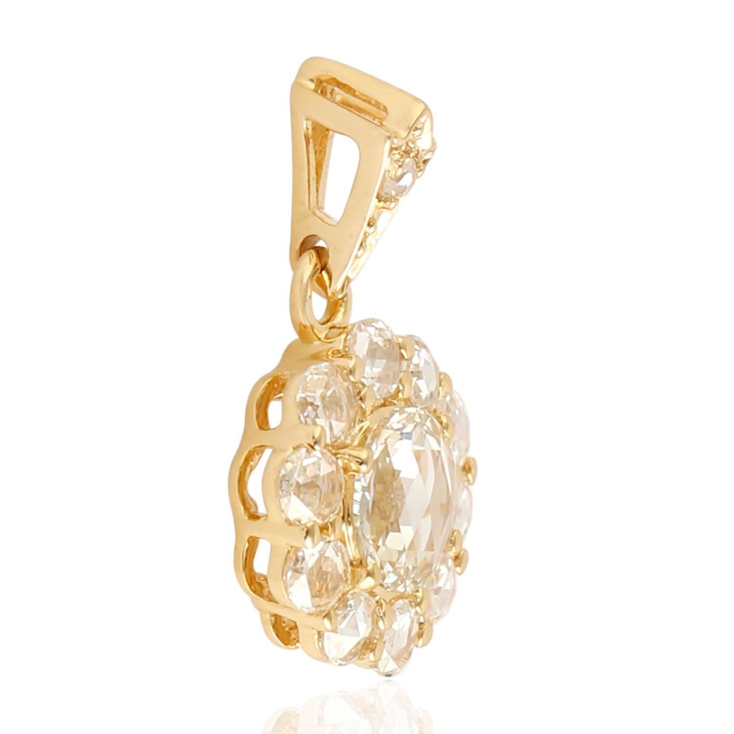 Artisan Rose Cut Diamond 18 Karat Gold Floral Pendant Necklace For Sale