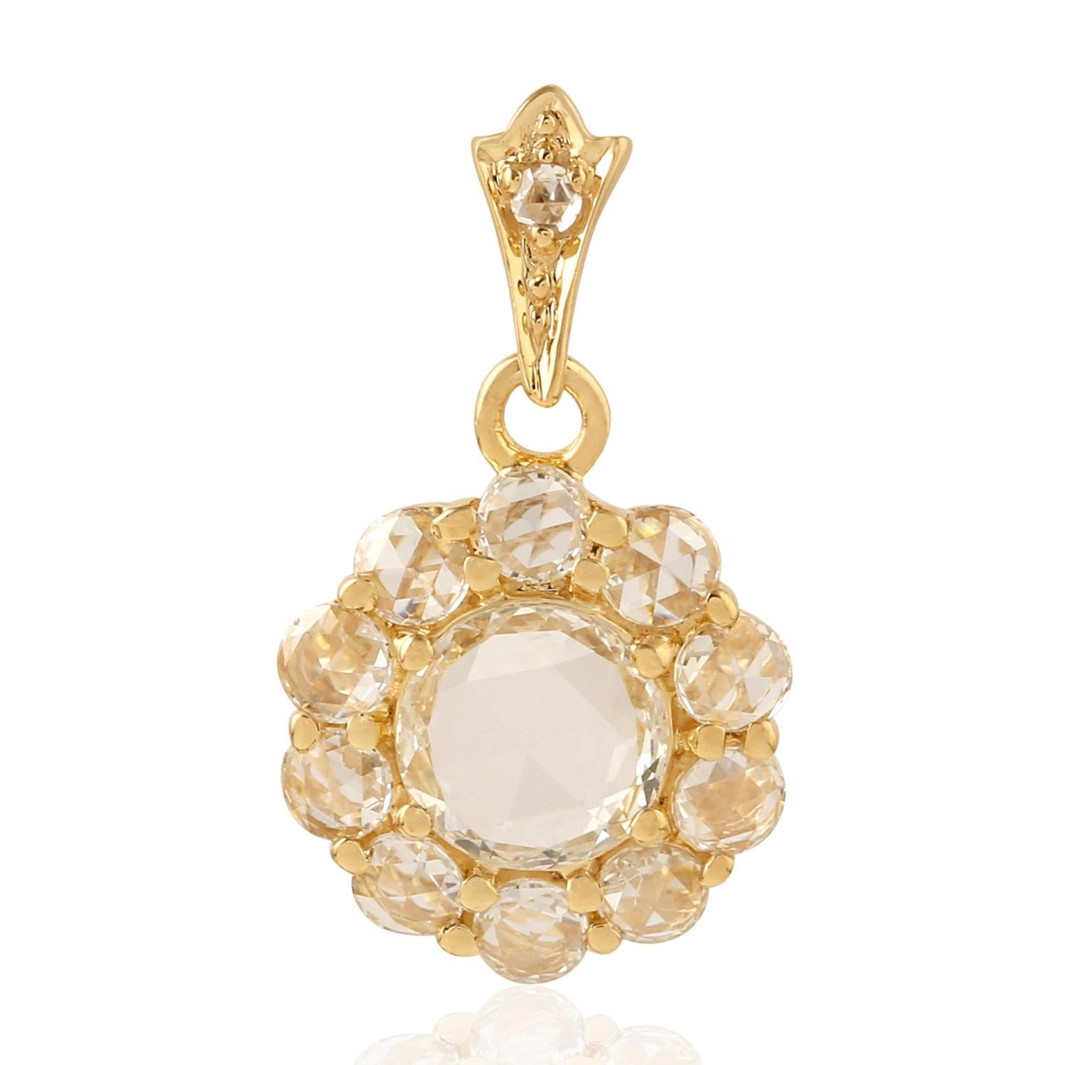 Rose Cut Diamond 18 Karat Gold Floral Pendant Necklace In New Condition For Sale In Hoffman Estate, IL