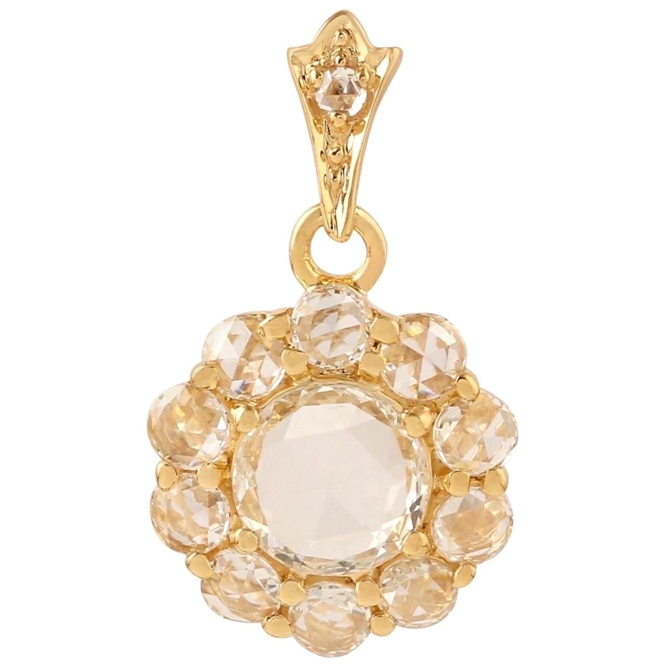 Rose Cut Diamond 18 Karat Gold Floral Pendant Necklace