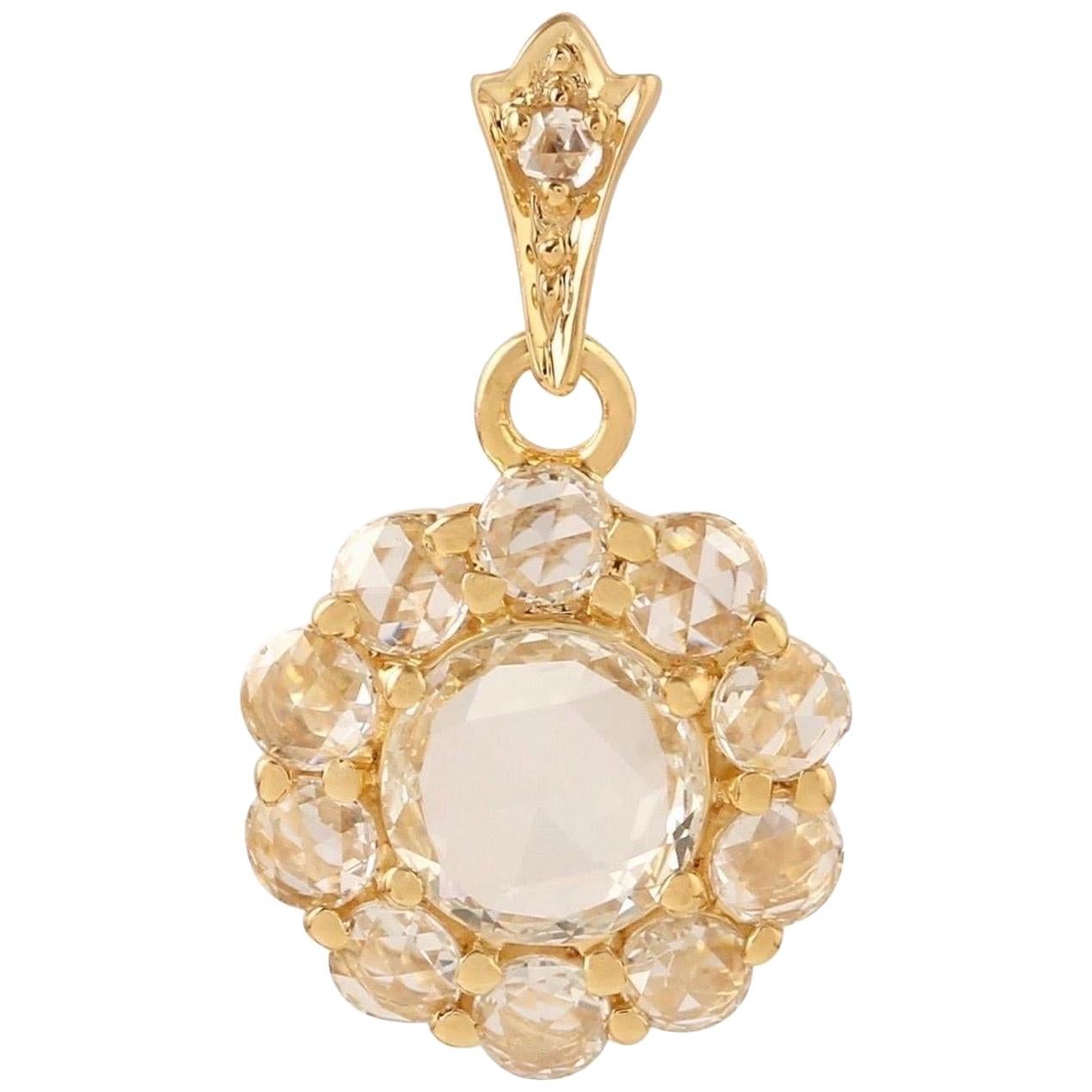 Rose Cut Diamond 18 Karat Gold Floral Pendant Necklace
