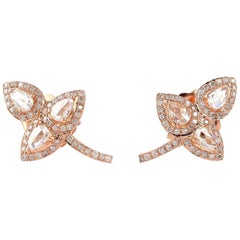 Rose Cut Diamond 18 Karat Gold Leaf Stud Earrings