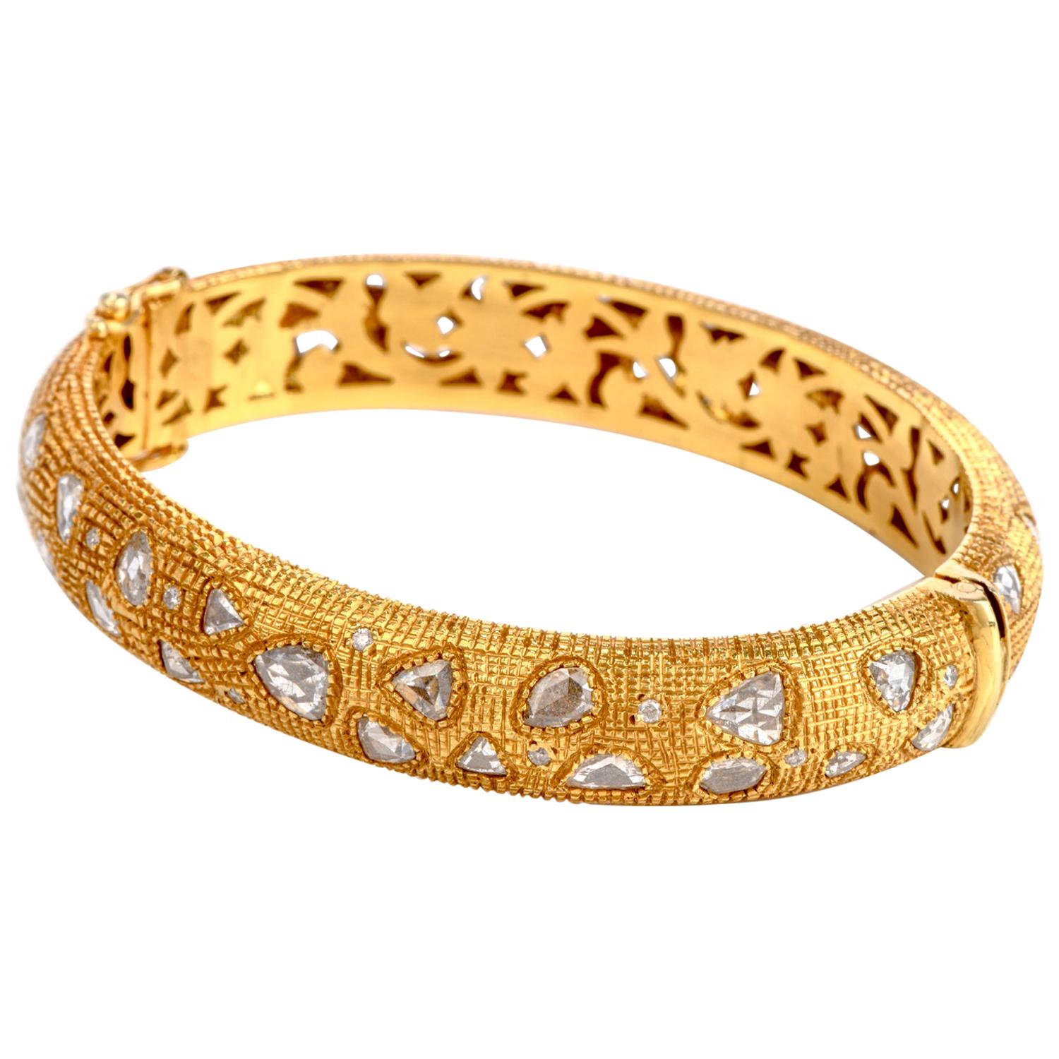 Rose Cut Diamond 18 Karat Gold Textured Bangle Bracelet