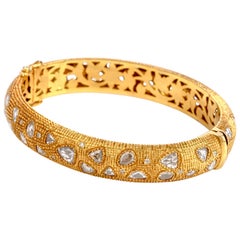 Vintage Rose Cut Diamond 18 Karat Gold Textured Bangle Bracelet