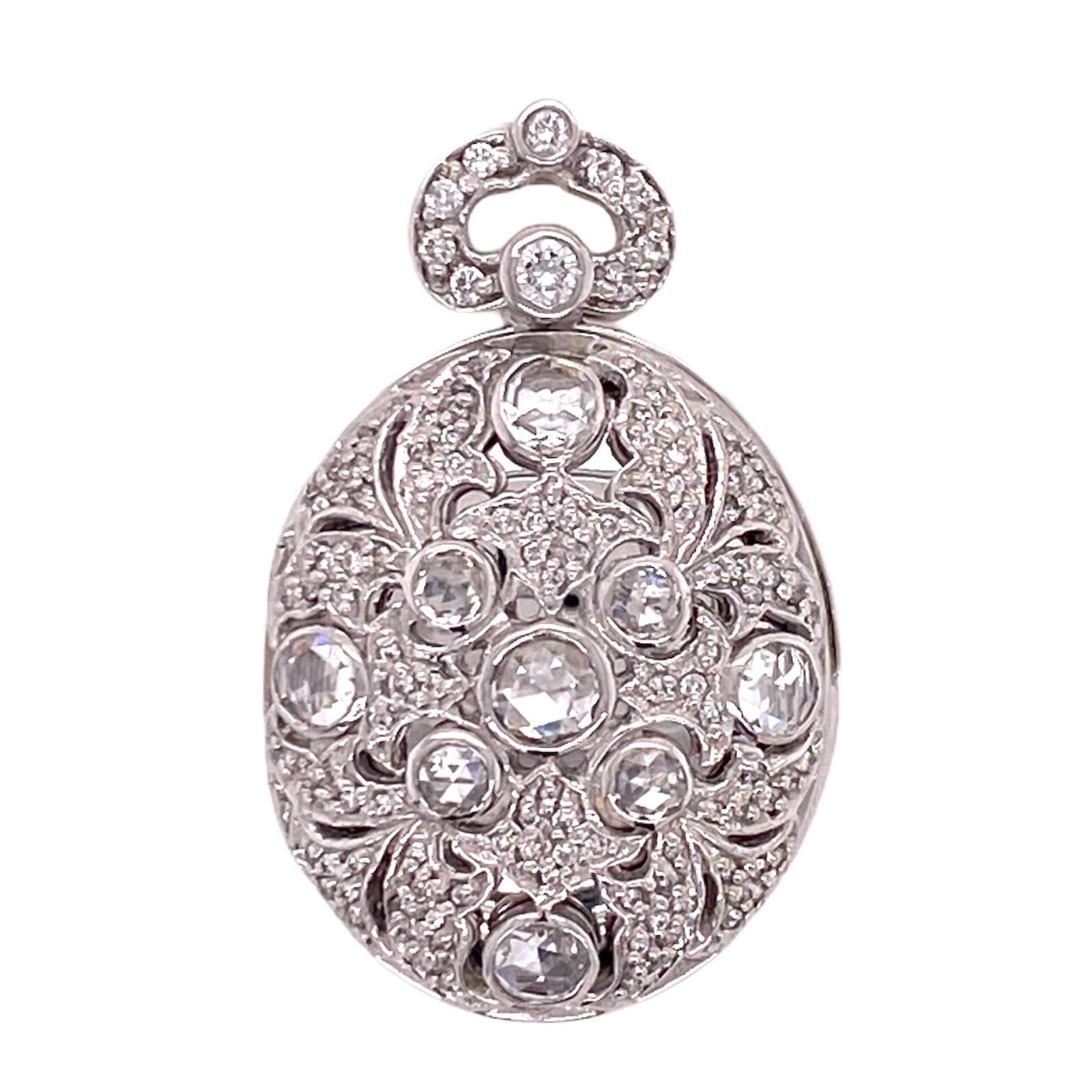 Rose Cut Diamond 18 Karat White Gold Vintage Locket Pendant In Good Condition In Boca Raton, FL