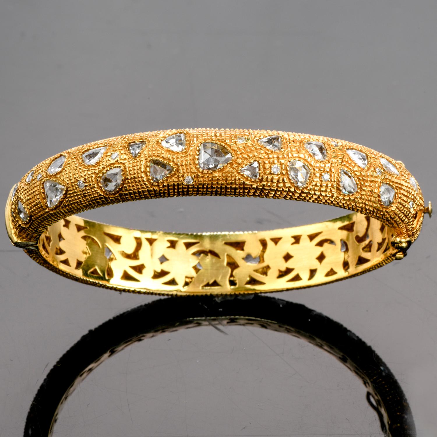 Retro Rose Cut Diamond 18 Karat Gold Textured Bangle Bracelet