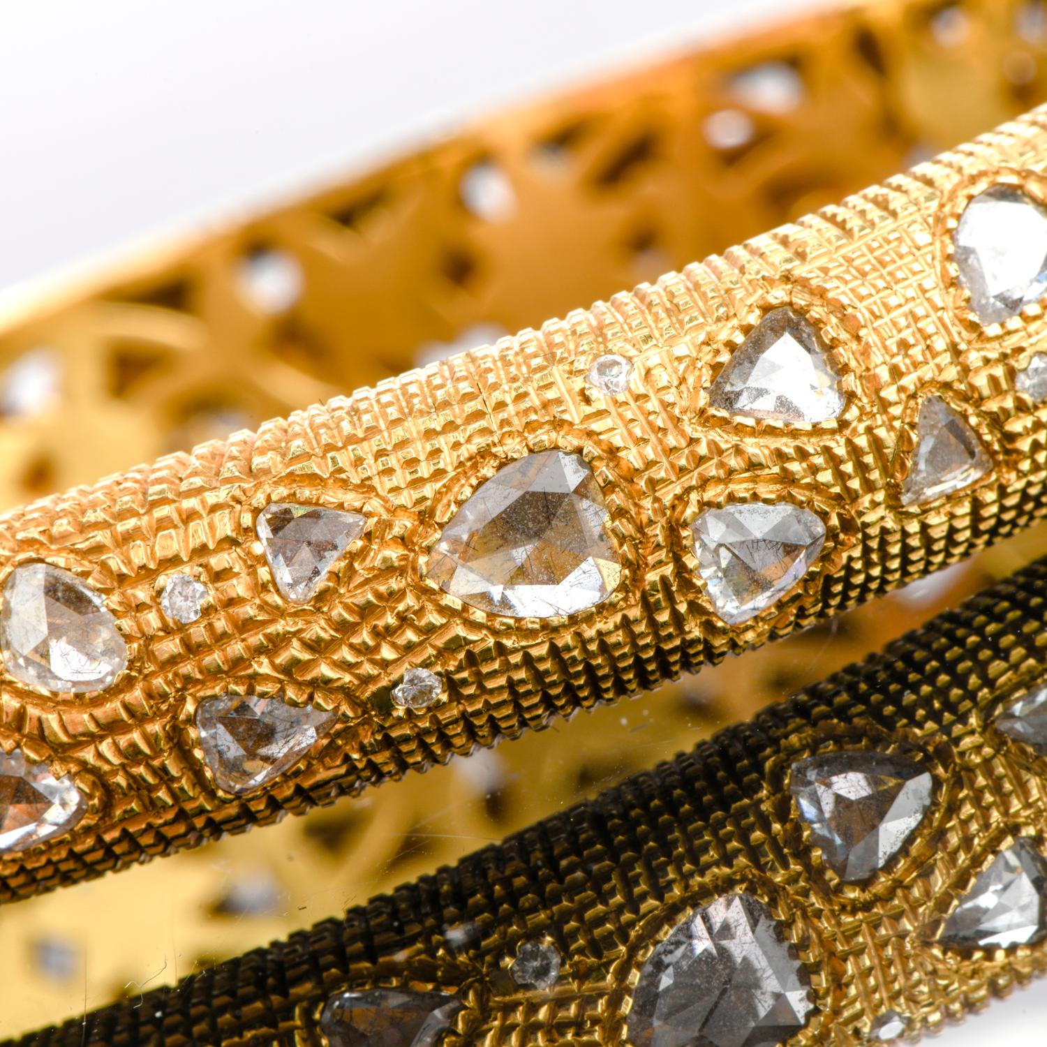 Rose Cut Diamond 18 Karat Gold Textured Bangle Bracelet In Excellent Condition In Miami, FL