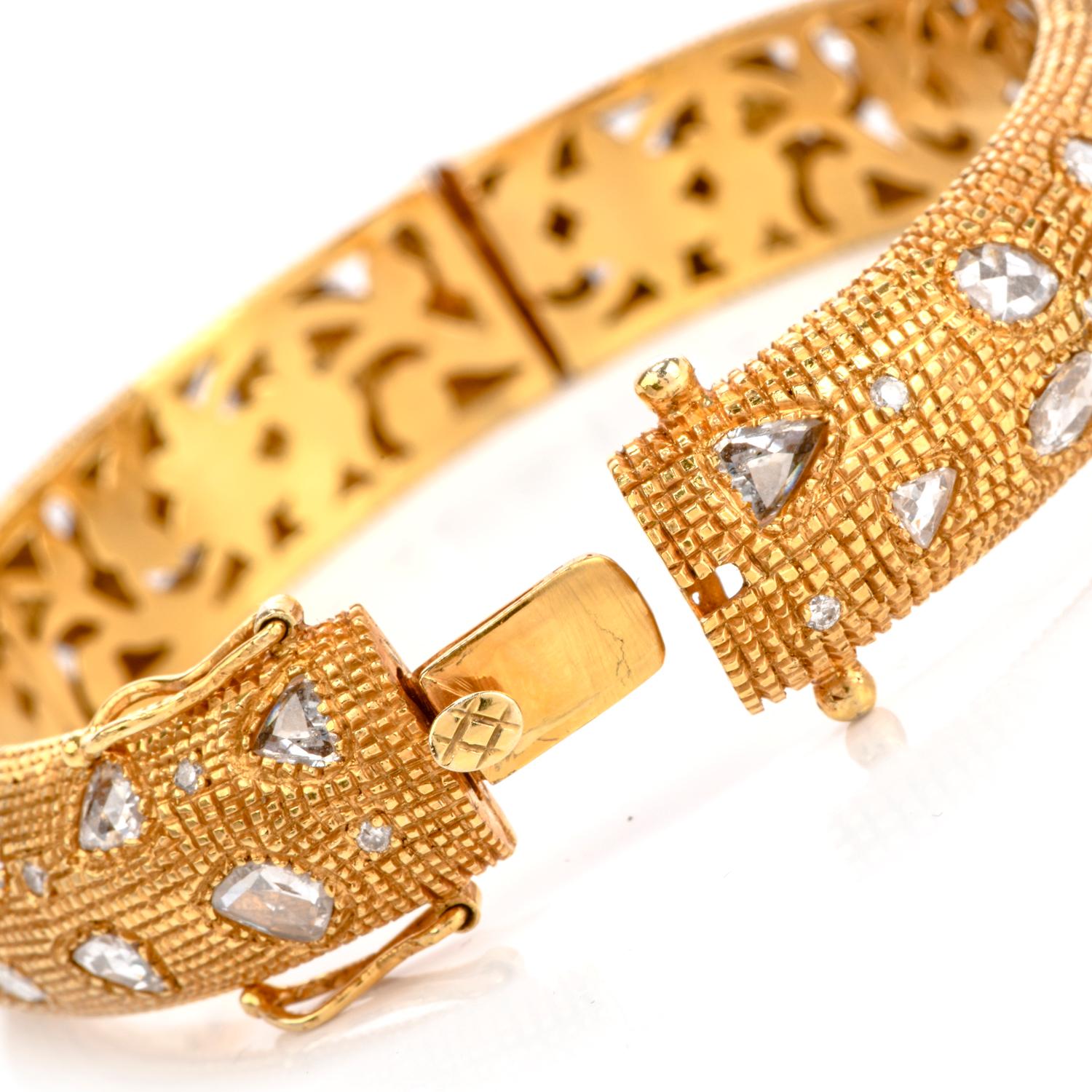 Women's or Men's Rose Cut Diamond 18 Karat Gold Textured Bangle Bracelet