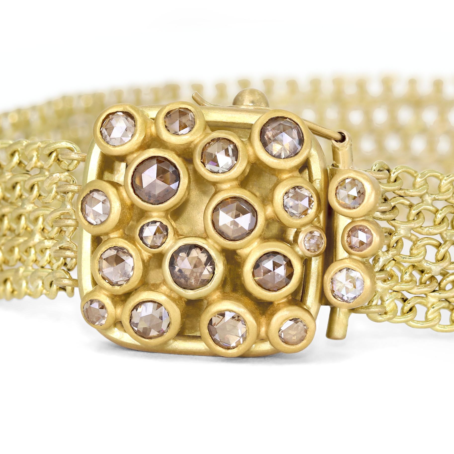 One of a Kind Disco Clasp Bracelet by award-winning jewelry maker Lola Brooks on completely hand-fabricated 18k yellow gold chainmaille showcasing 1.41 total carats of shimmering rose-cut diamonds, individually bezel-set atop an intricate handmade