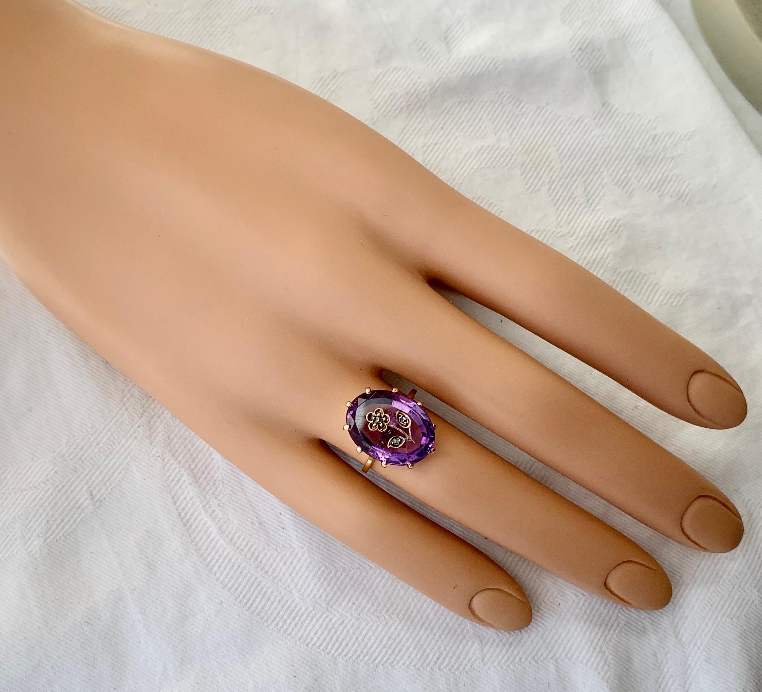 Rose Cut Diamant Amethyst Intaglio Ring Rose von Sharon Antike viktorianische Blume (Viktorianisch)