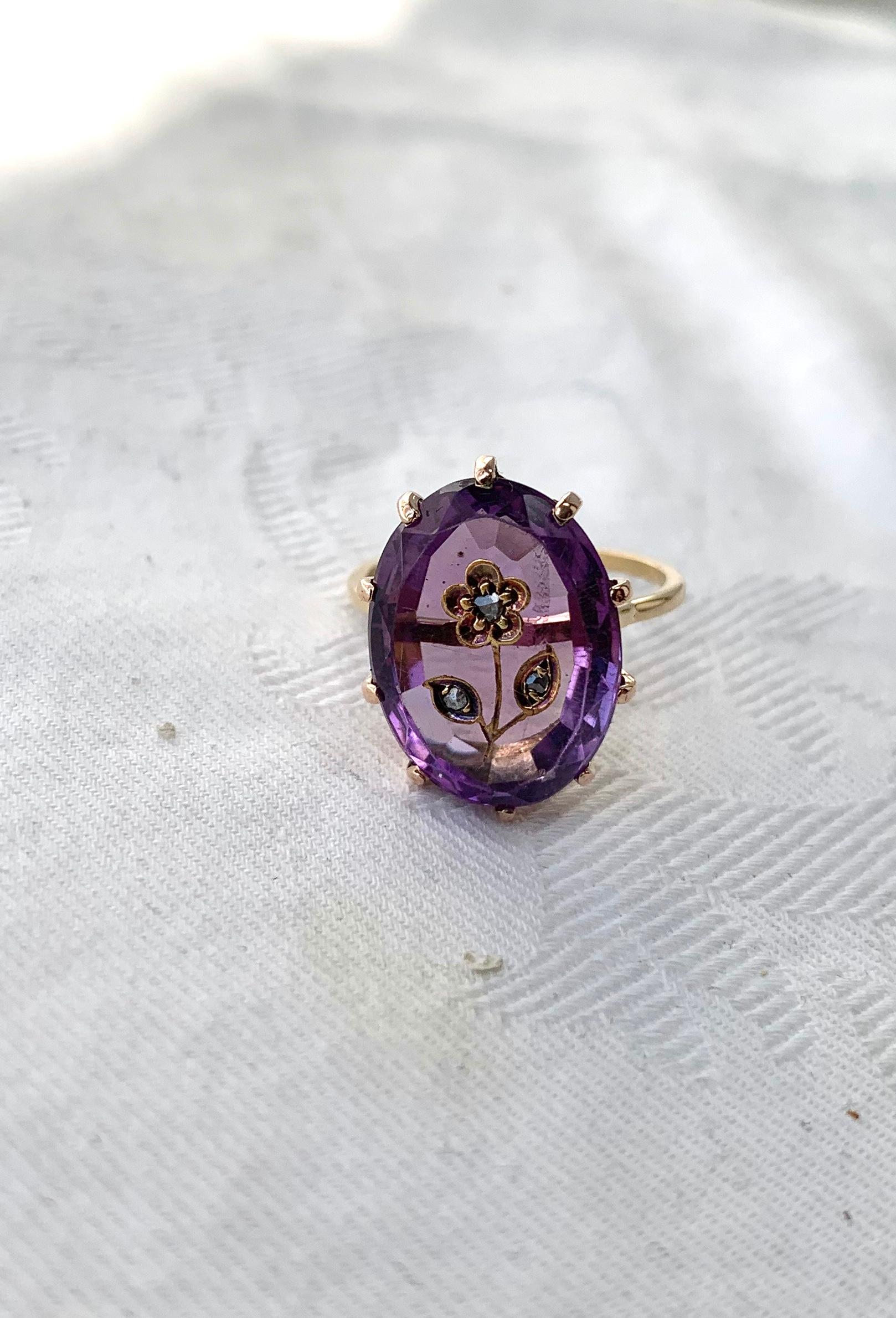 Rose Cut Diamant Amethyst Intaglio Ring Rose von Sharon Antike viktorianische Blume (Rosenschliff)
