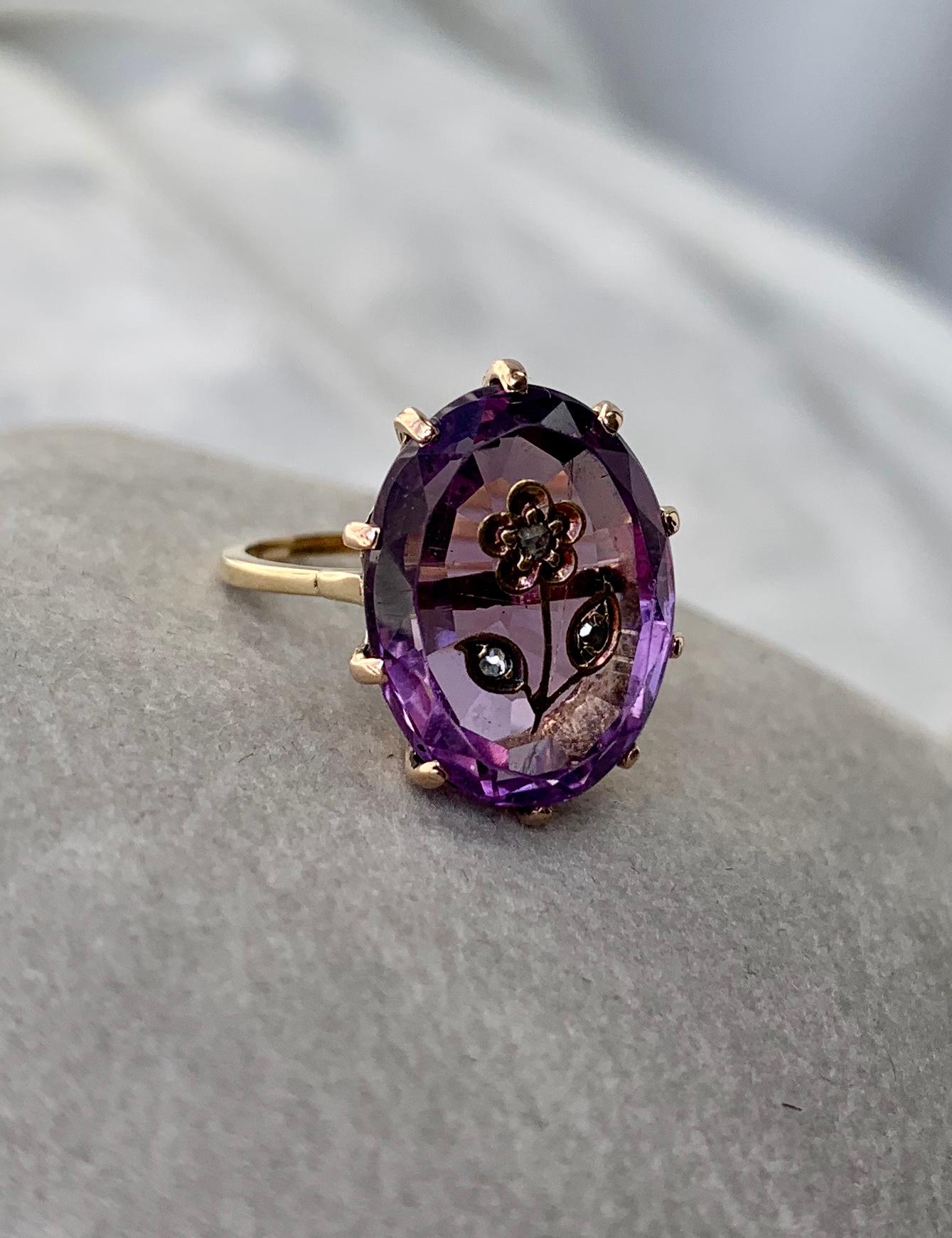 Rose Cut Diamant Amethyst Intaglio Ring Rose von Sharon Antike viktorianische Blume Damen
