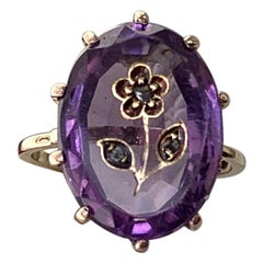 Rose Cut Diamond Amethyst Intaglio Ring Rose of Sharon Antique Victorian Flower