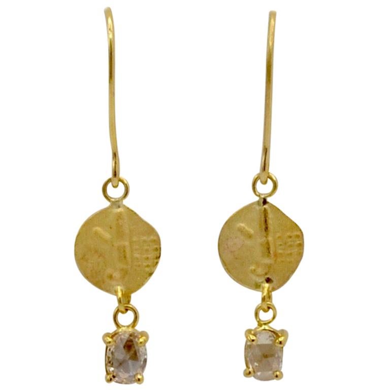 Rose Cut Diamond and 14 Carat Gold 'Coin' Drop Earrings