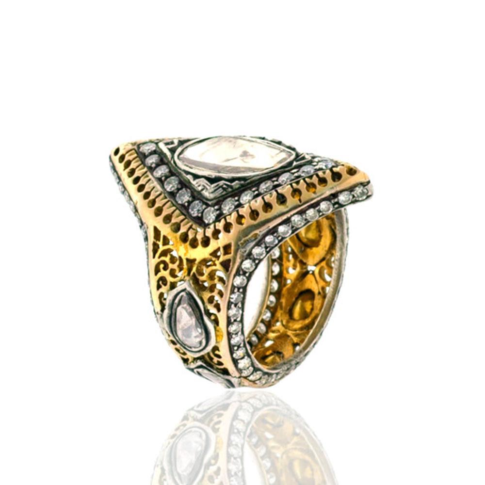 Victorian looking this diamond shape designer Rose cut Diamond and 14k Yellow Gold Ring. 
Ring Size: US-7

14kt Gold: 4.1gms
Diamond: 4.9cts

