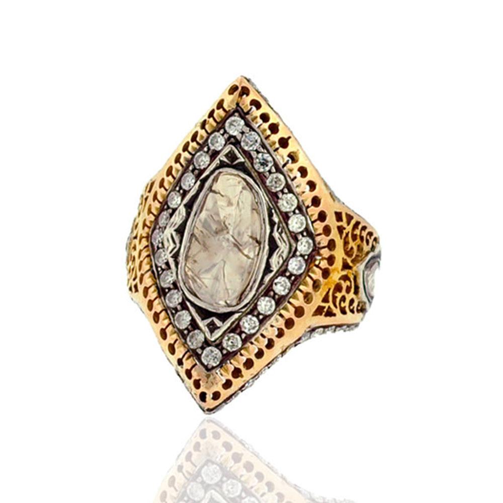 Victorian 14k Yellow Gold Designer Ring With Rose Cut Diamond In Center For Sale