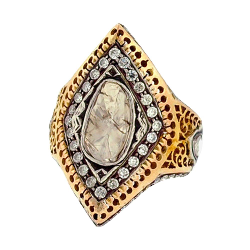 14k Yellow Gold Designer Ring With Rose Cut Diamond In Center