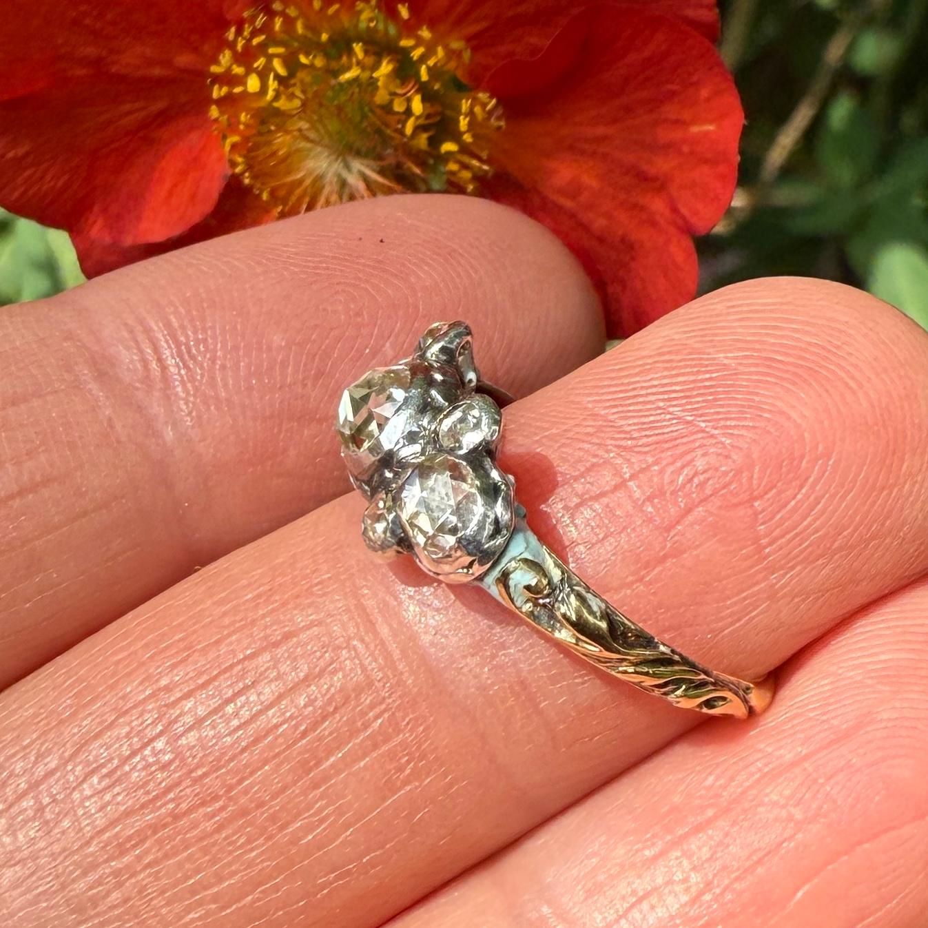 Anello con diamante taglio rosa e smalto blu. Inghilterra, circa 1680-1700. in vendita 7