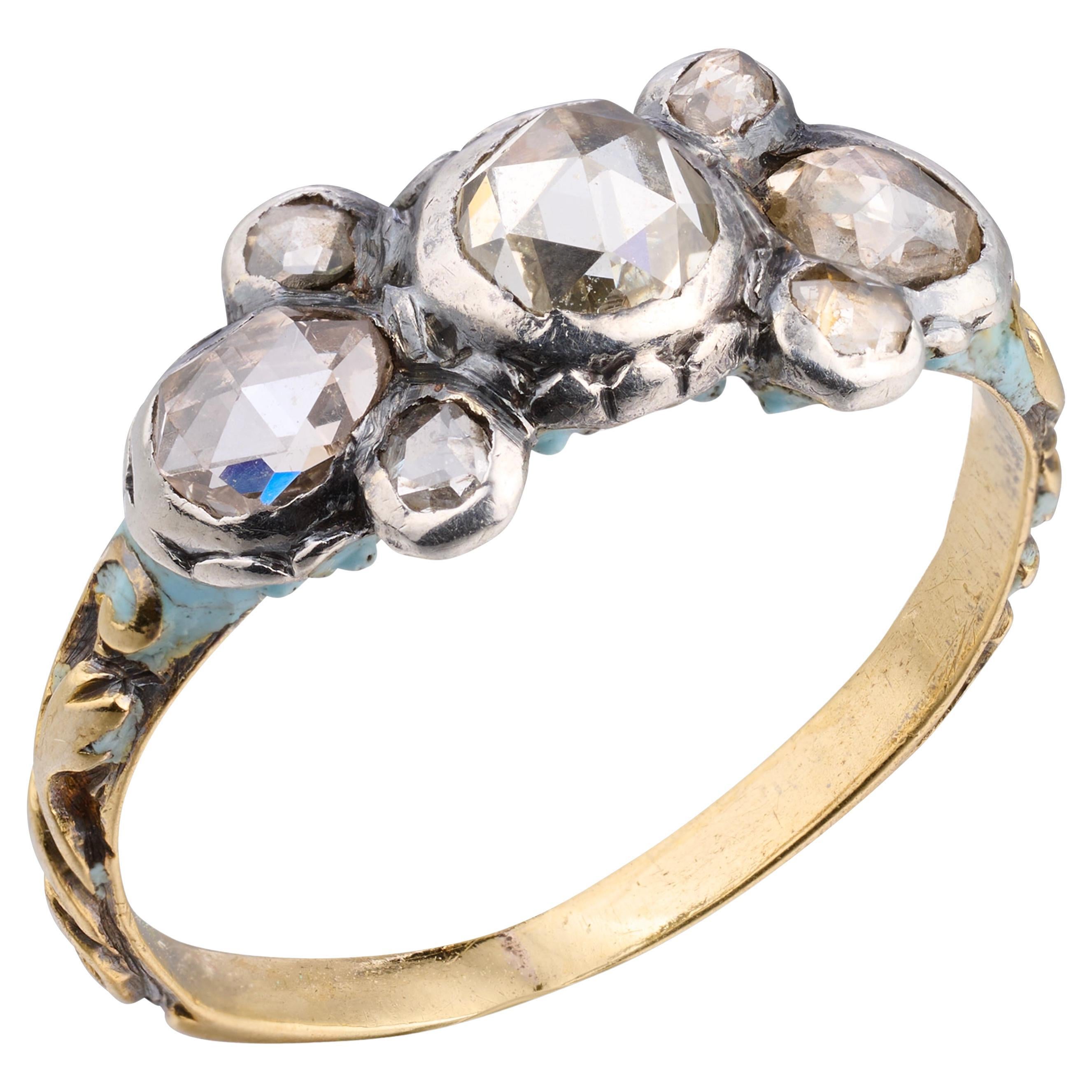 Anello con diamante taglio rosa e smalto blu. Inghilterra, circa 1680-1700. in vendita