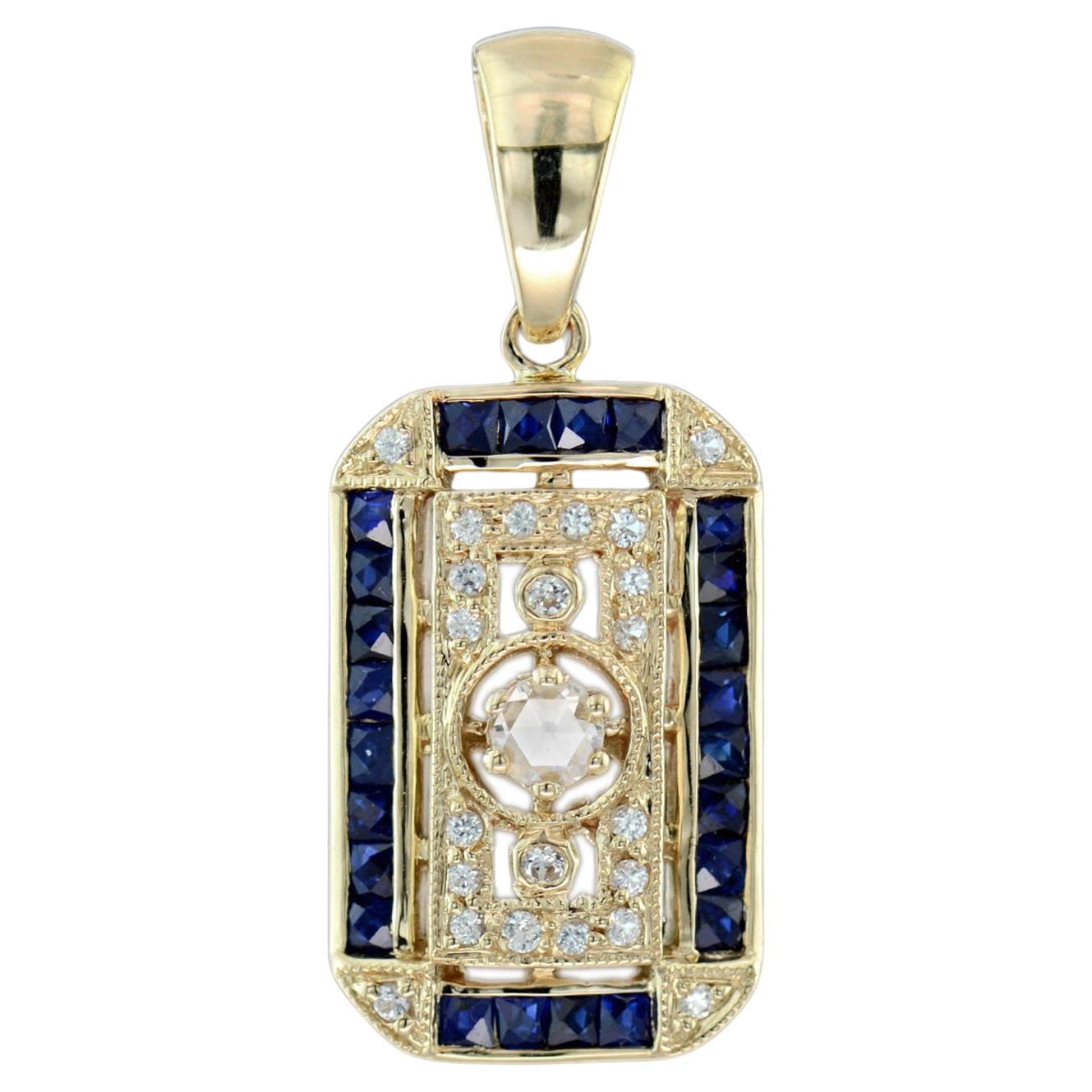 Rose Cut Diamond and Blue Sapphire Antique Style Filigree Pendant in 14K Gold