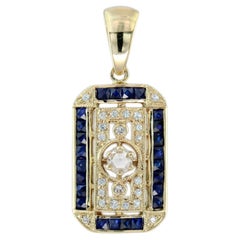 Rose Cut Diamond and Blue Sapphire Antique Style Filigree Pendant in 14K Gold