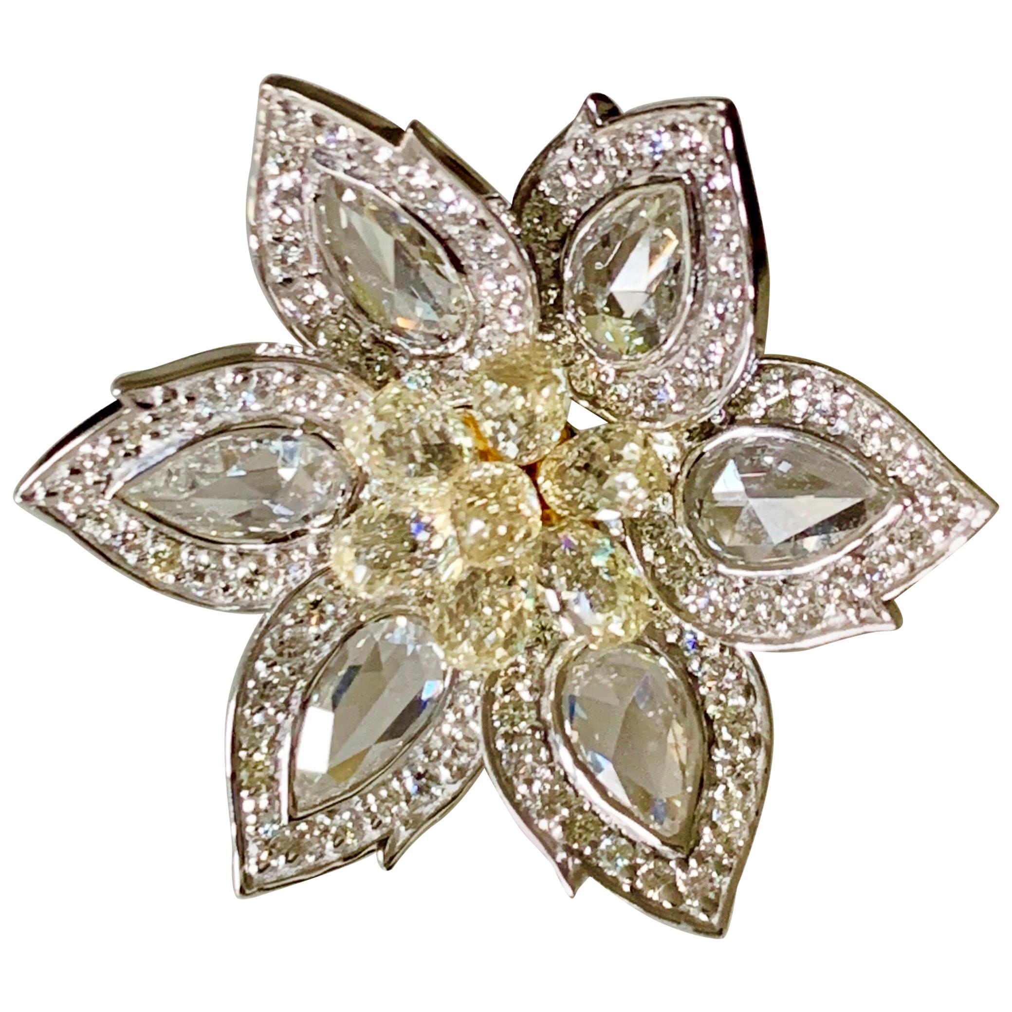 Rose Cut Diamond and Briolette Diamond Flower Ring in 18 Karat White Gold