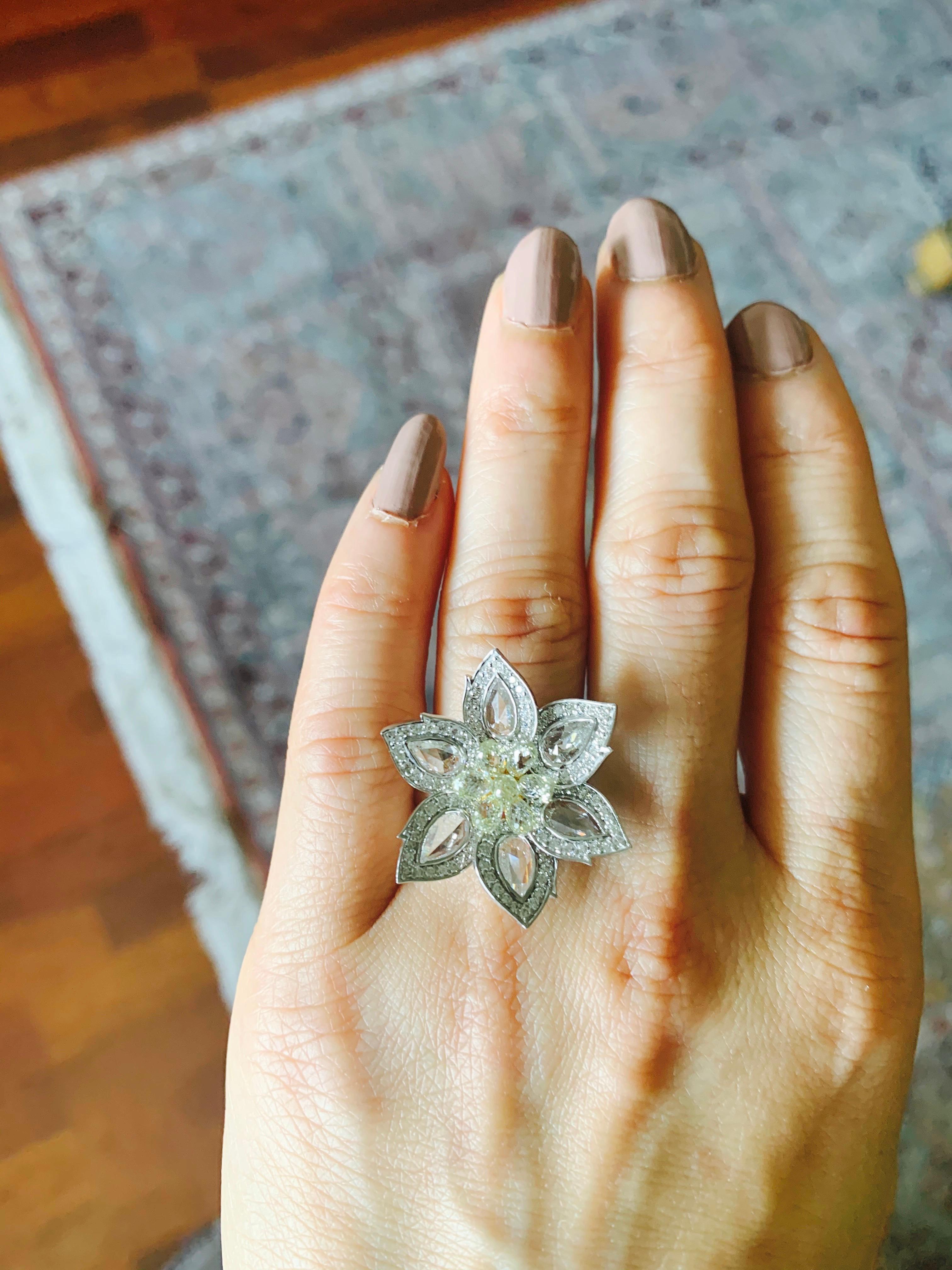Contemporary Rose Cut Diamond and Briolette Diamond Flower Ring in 18 Karat White Gold