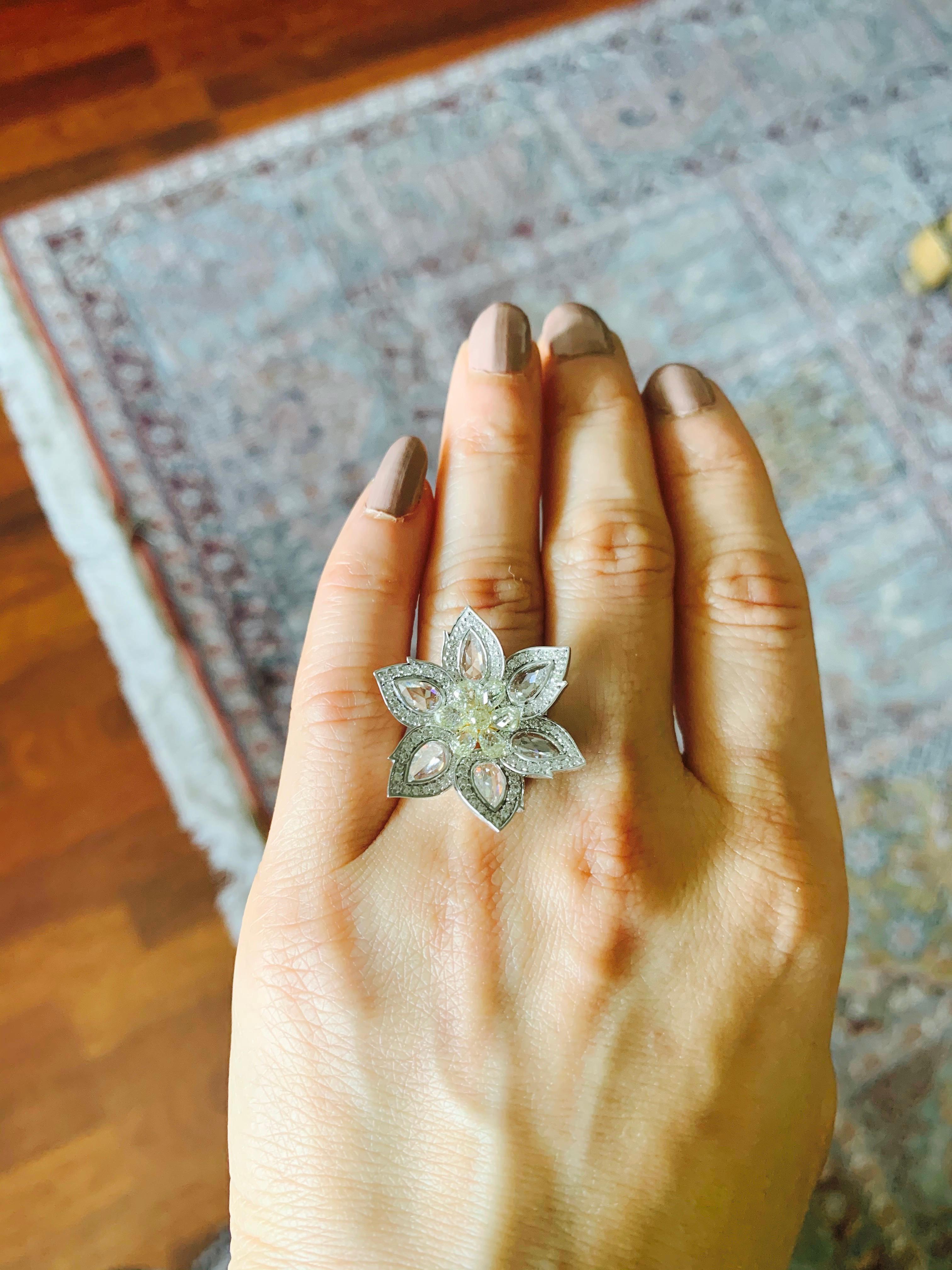 Pear Cut Rose Cut Diamond and Briolette Diamond Flower Ring in 18 Karat White Gold