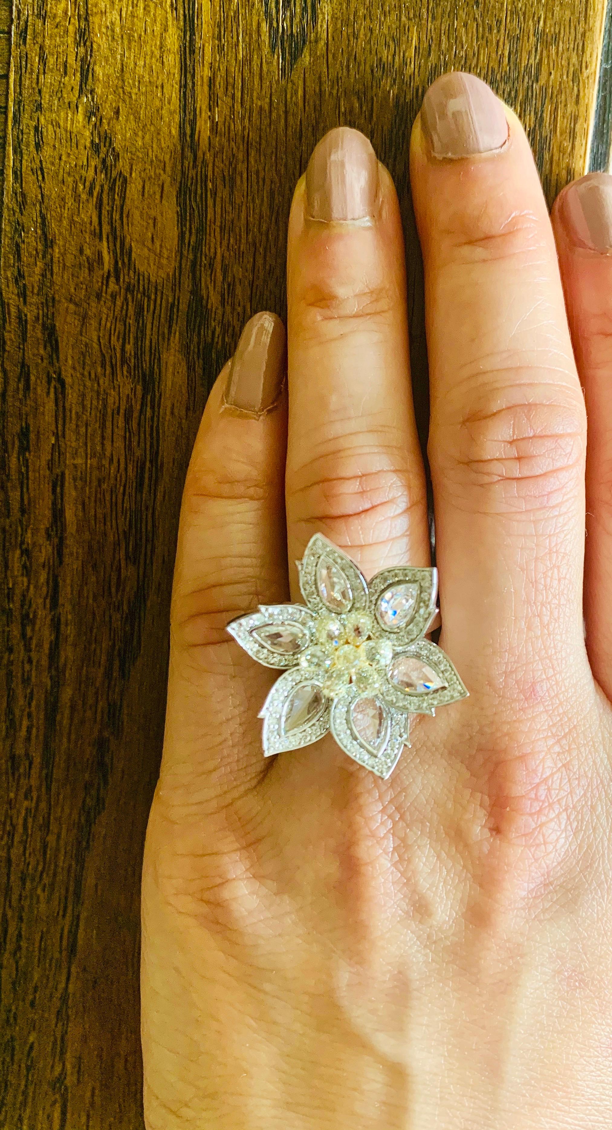 Women's Rose Cut Diamond and Briolette Diamond Flower Ring in 18 Karat White Gold