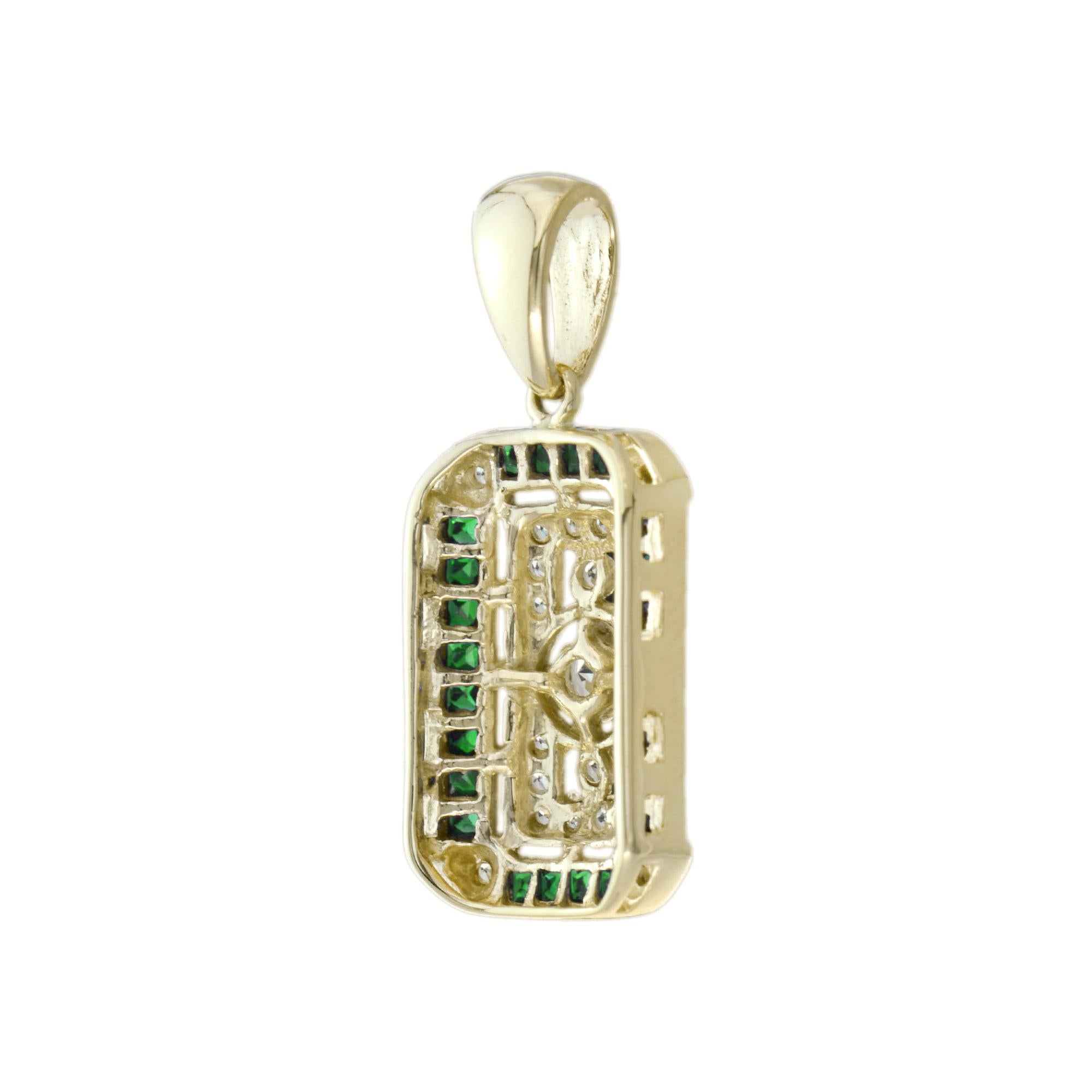 Art Déco Ciondolo con diamante taglio rosa e smeraldo in stile antico in filigrana d'oro giallo 14K in vendita