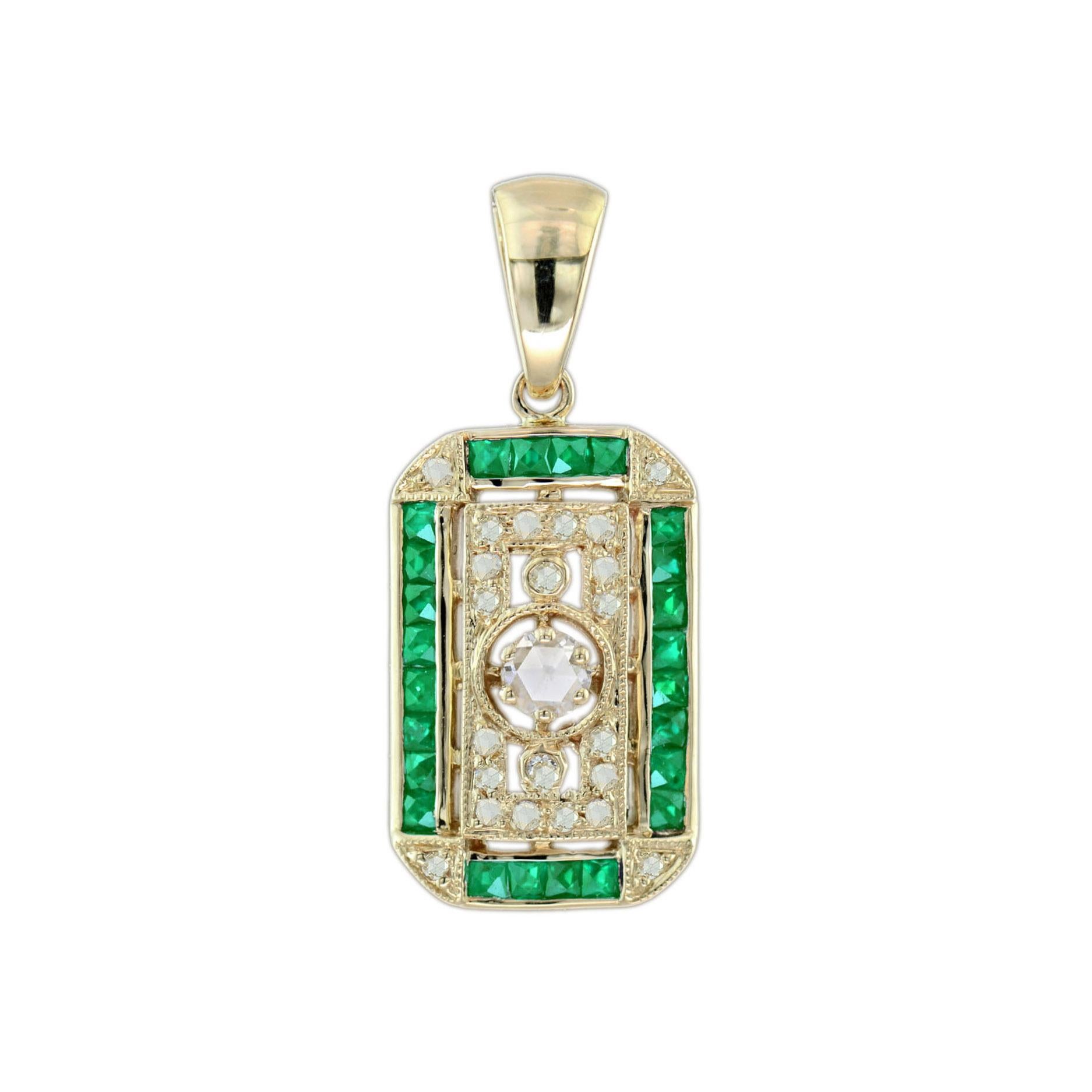 Ciondolo con diamante taglio rosa e smeraldo in stile antico in filigrana d'oro giallo 14K in vendita