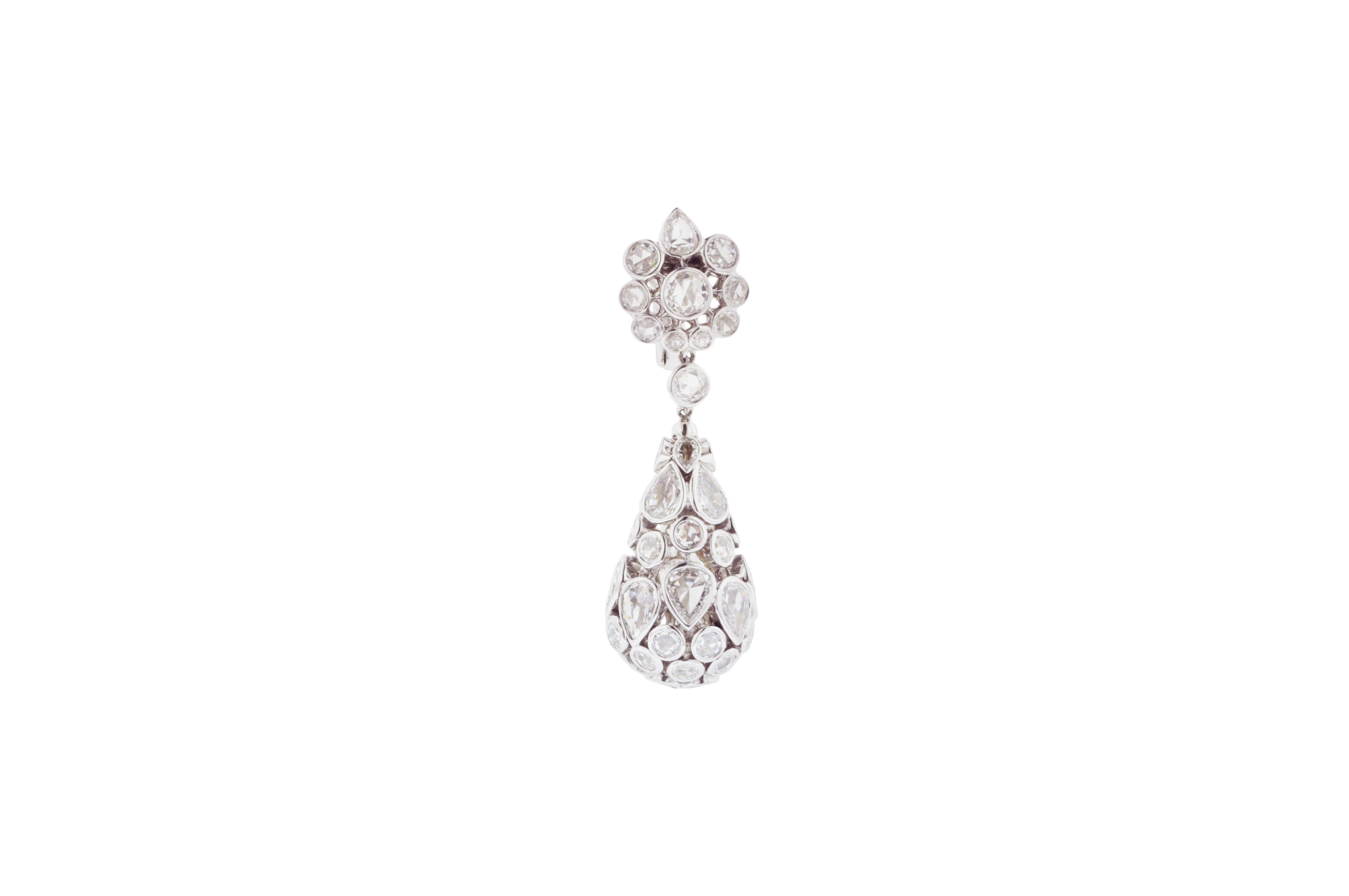 18K white gold drop earrings featuring 110 pear-shaped and round rose-cut diamonds weighing approximately 9.18 carats