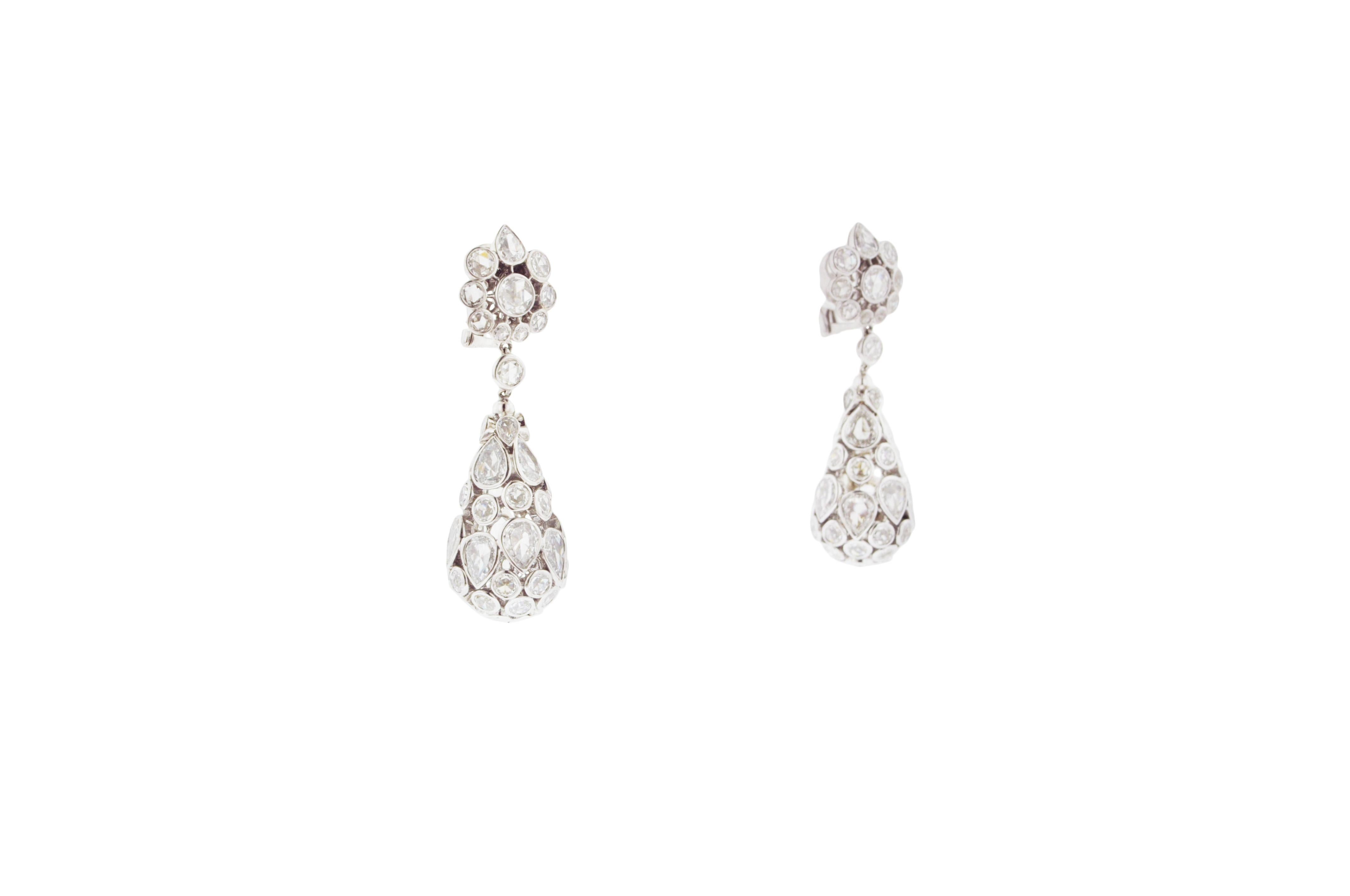 Pear Cut Rose-Cut Diamond and Gold Drop Earrings For Sale