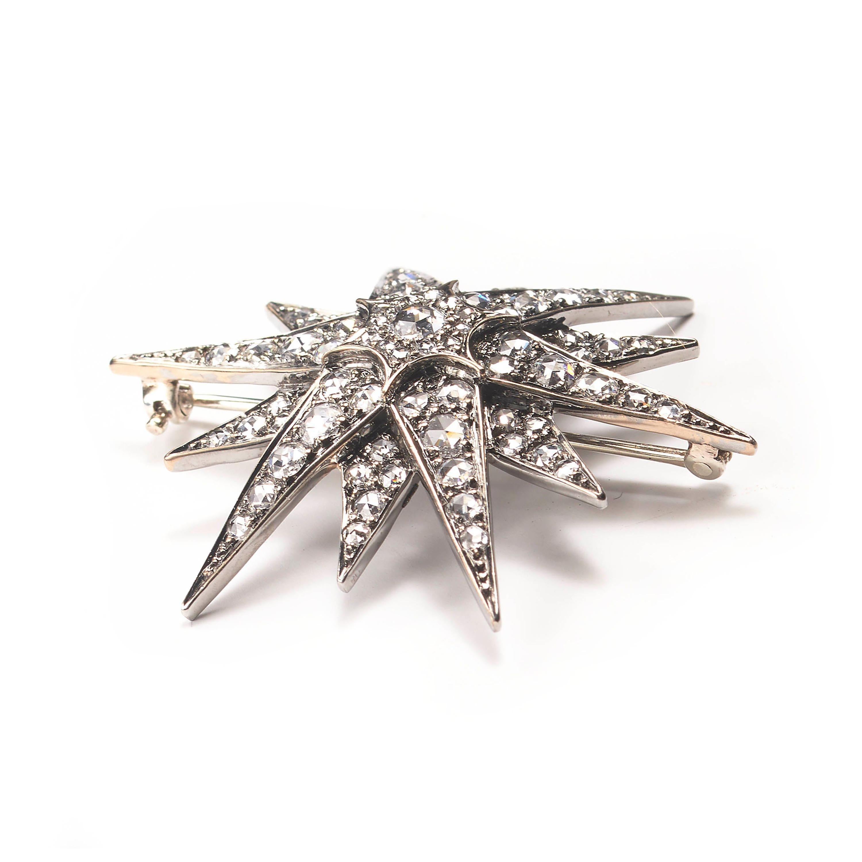 Rose Cut Diamond and Gold Star Brooch, 1.95 Carats In Good Condition In London, GB