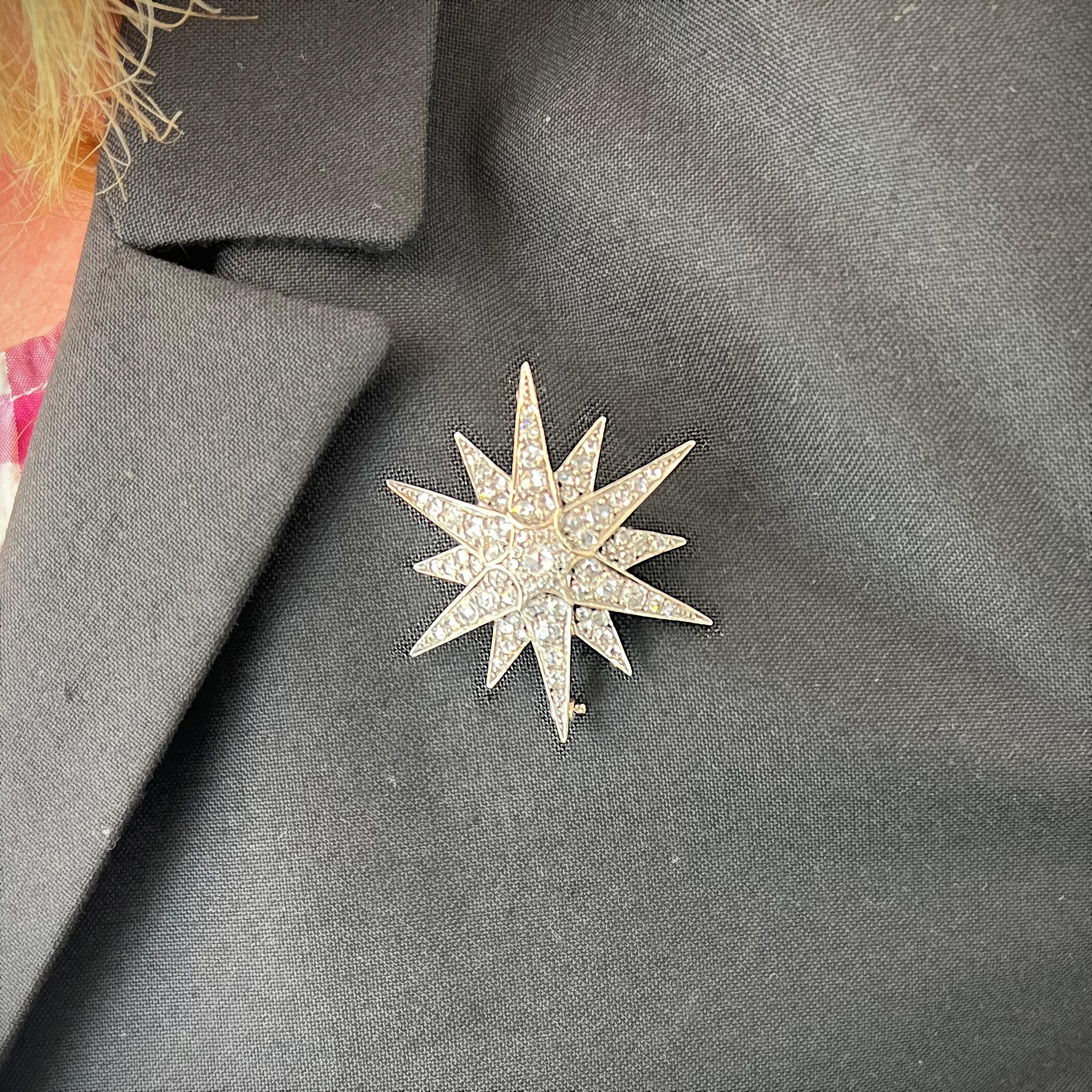 Victorian Rose Cut Diamond and Gold Star Brooch, 1.95 Carats