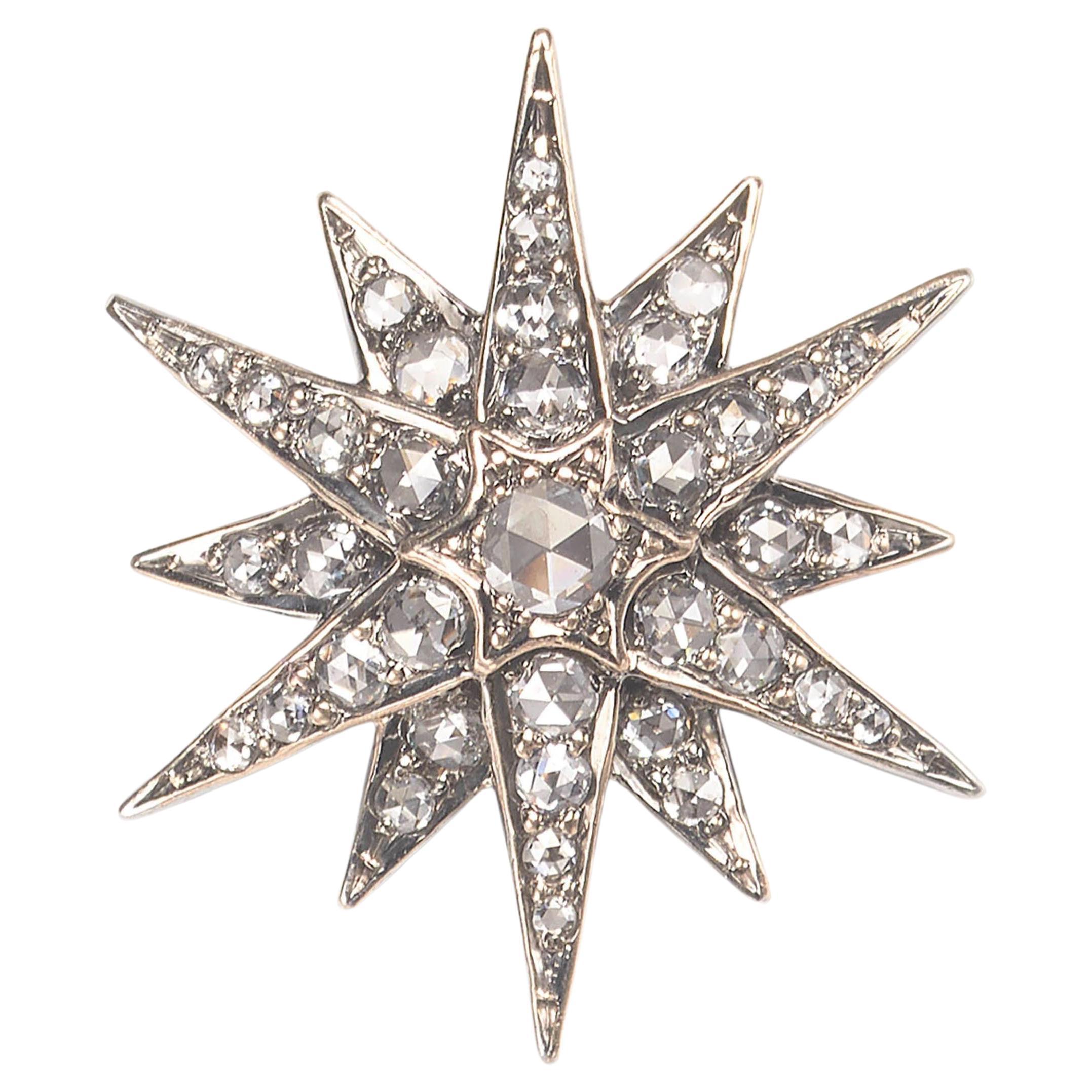 Pendentif étoile en or et diamants taille rose, 1,50 carat