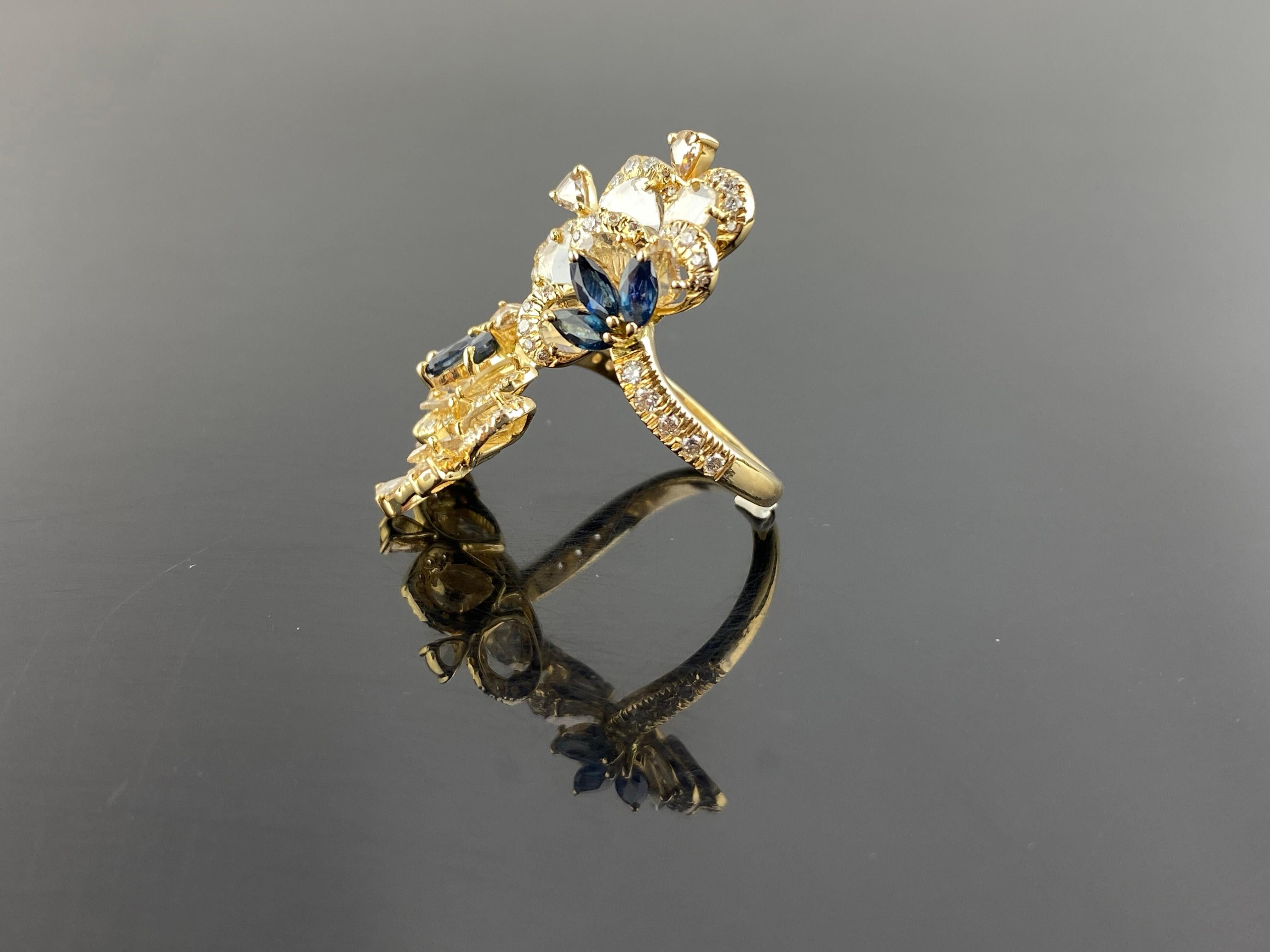 Rose Cut Diamond and Sapphire Cocktail Ring In New Condition For Sale In Bangkok, Thailand