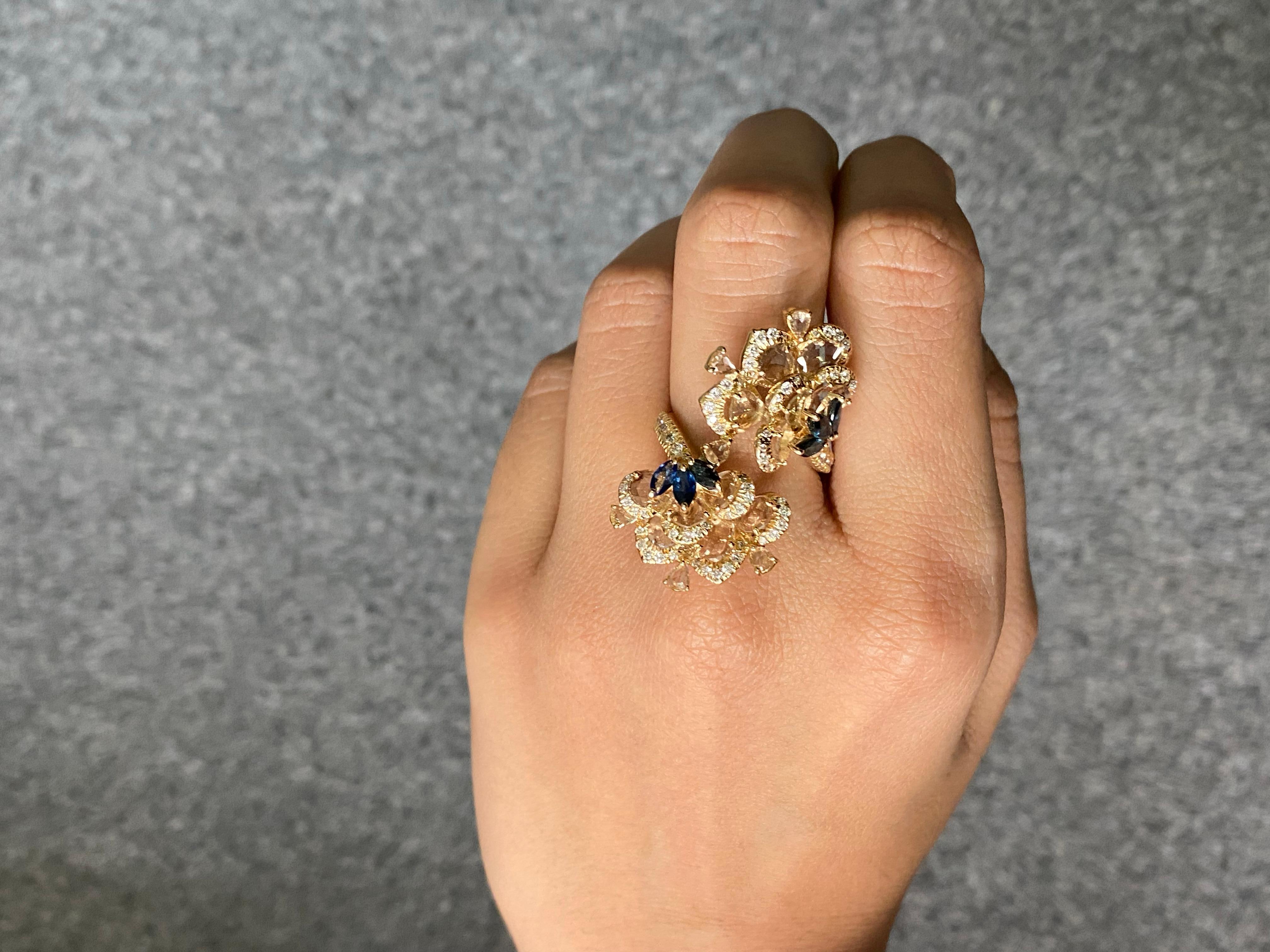 Bague cocktail en diamants et saphirs taille rose en vente 1
