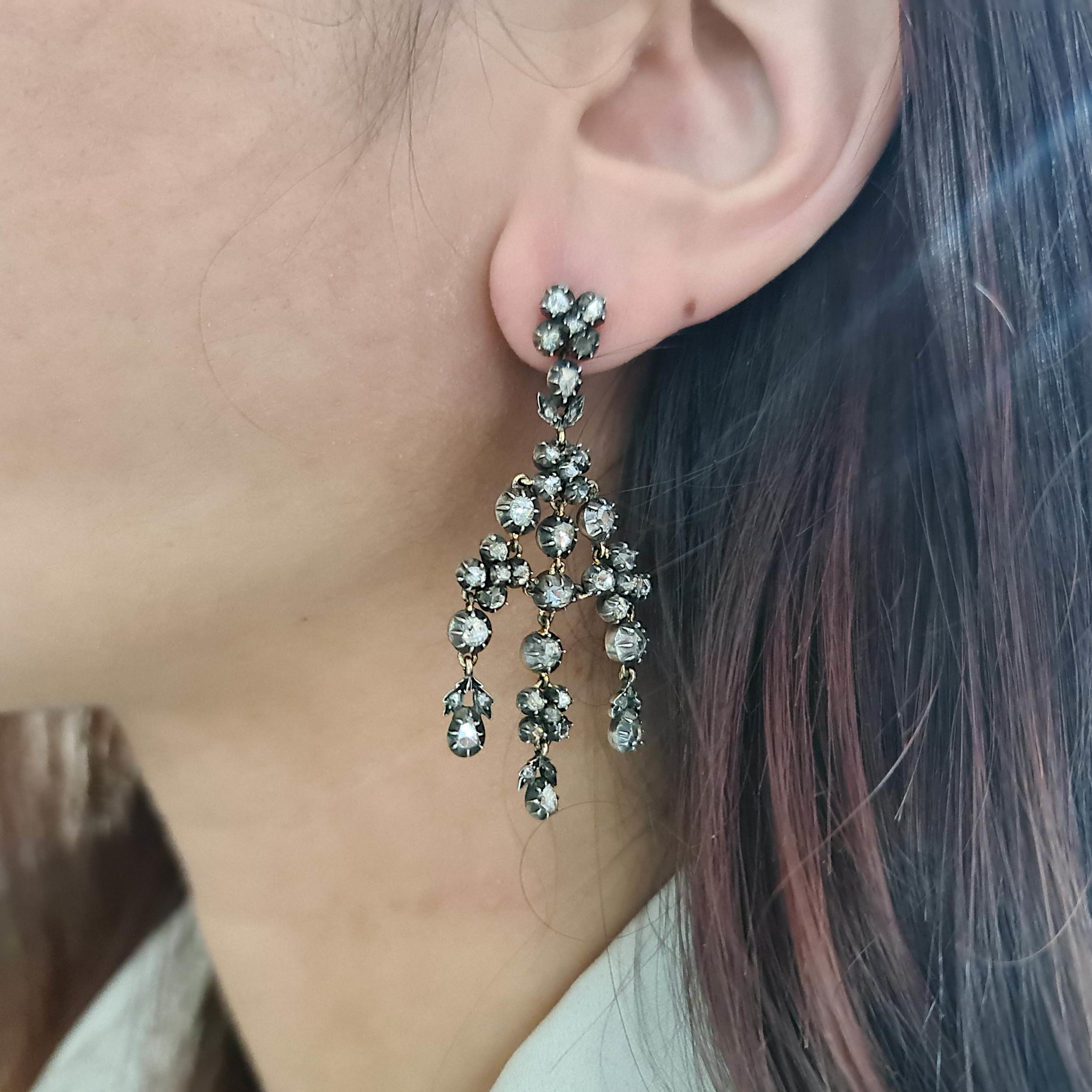 Georgien Boucles d'oreilles Girandole en argent et or, diamant taillé en rose en vente