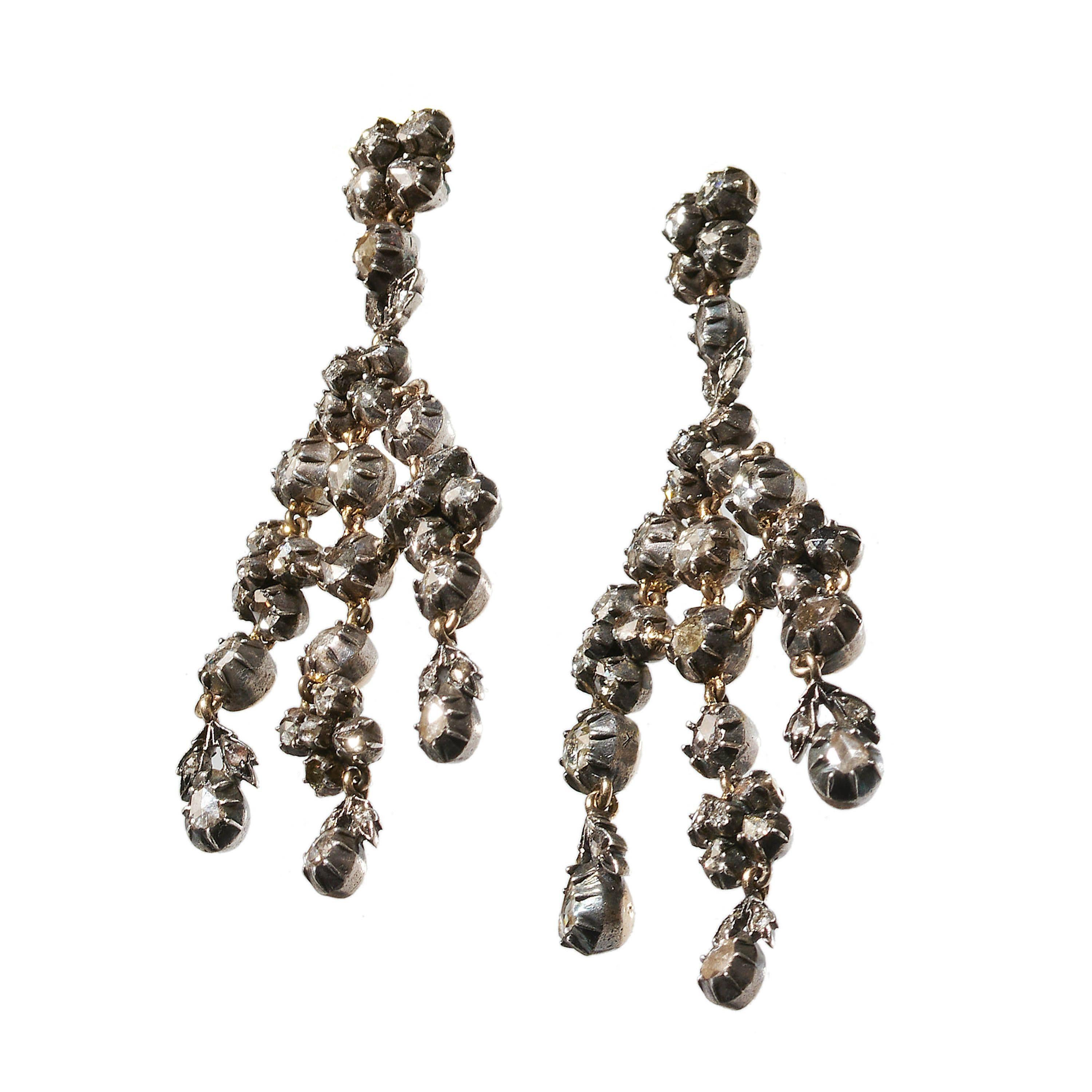 Taille rose Boucles d'oreilles Girandole en argent et or, diamant taillé en rose en vente