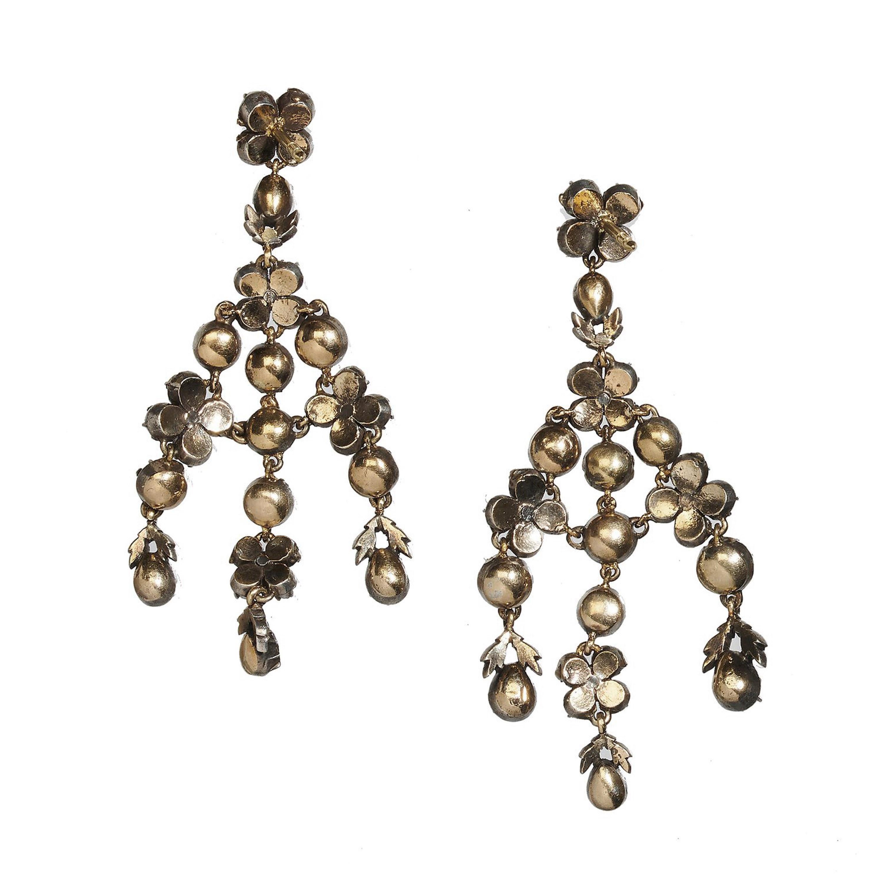 Boucles d'oreilles Girandole en argent et or, diamant taillé en rose Bon état - En vente à London, GB